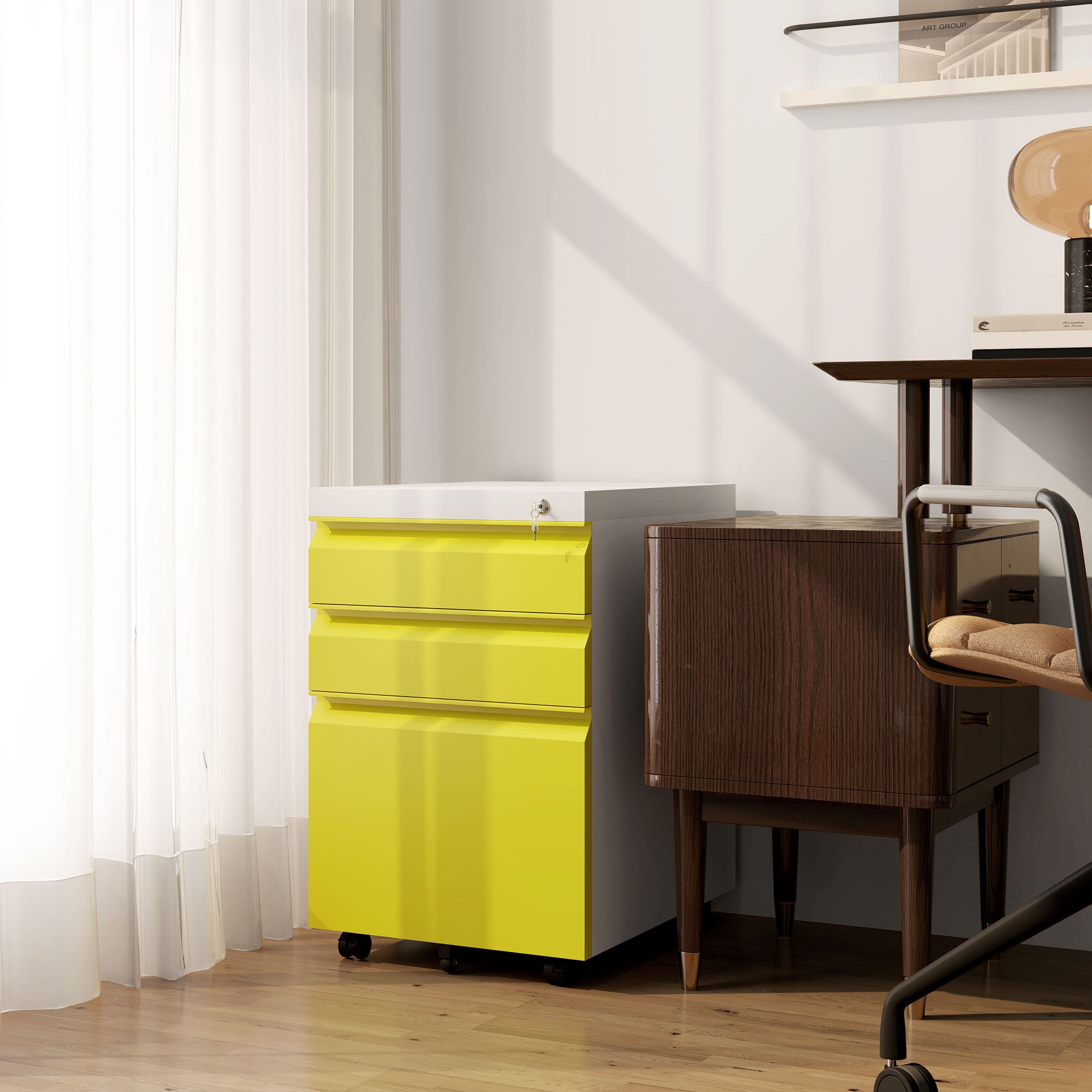 3 Drawer Filing Cabinet, Lockable Office Storage Cabinet on Wheels for Legal, Letter, A4 Files, Yellow Office Cabinets & Cupboards at Gallery Canada