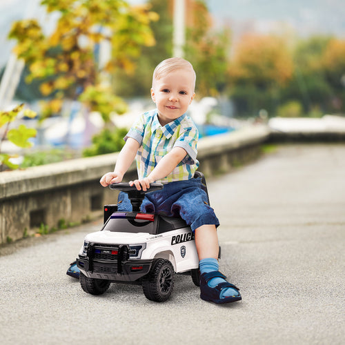Kids Ride On Sliding Car with Hidden Under Seat Storage, Ride On Police Car for Toddler with Megaphone, Anti Dumping Device, Removable Backrest, Foot-to-Floor Design, White