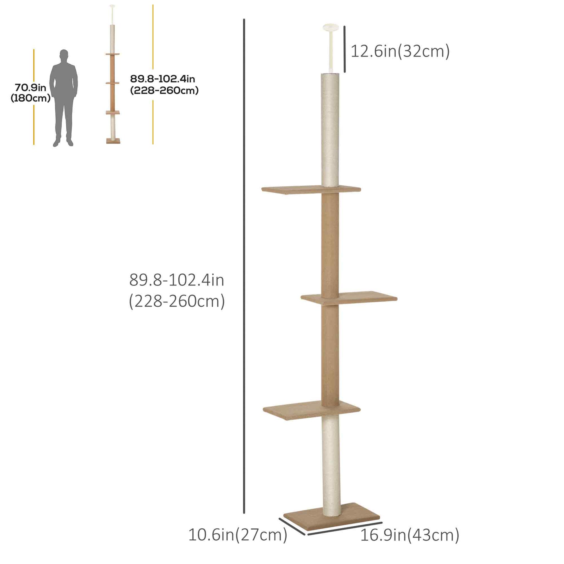 100" Floor To Ceiling Cat Tree w/ 3 Perches Activity Center for Kittens Cat Tower Furniture, Brown Floor to Ceiling Cat Trees at Gallery Canada