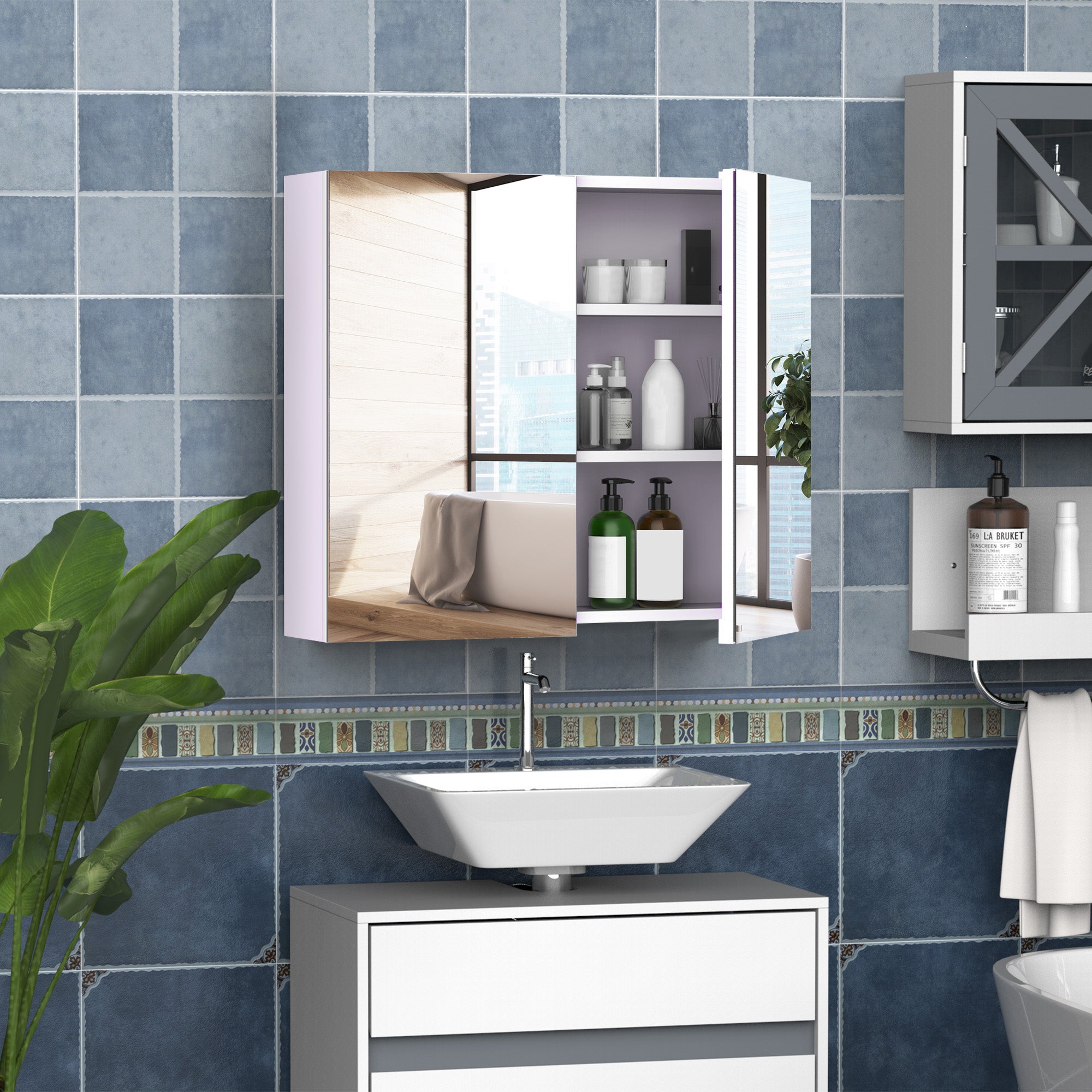 Wall Mount Mirrored Medicine Cabinet, Bathroom Mirror Cabinet with Adjustable Shelf, Double Soft Closing Doors, Light Lilac Mirror Medicine Cabinets at Gallery Canada
