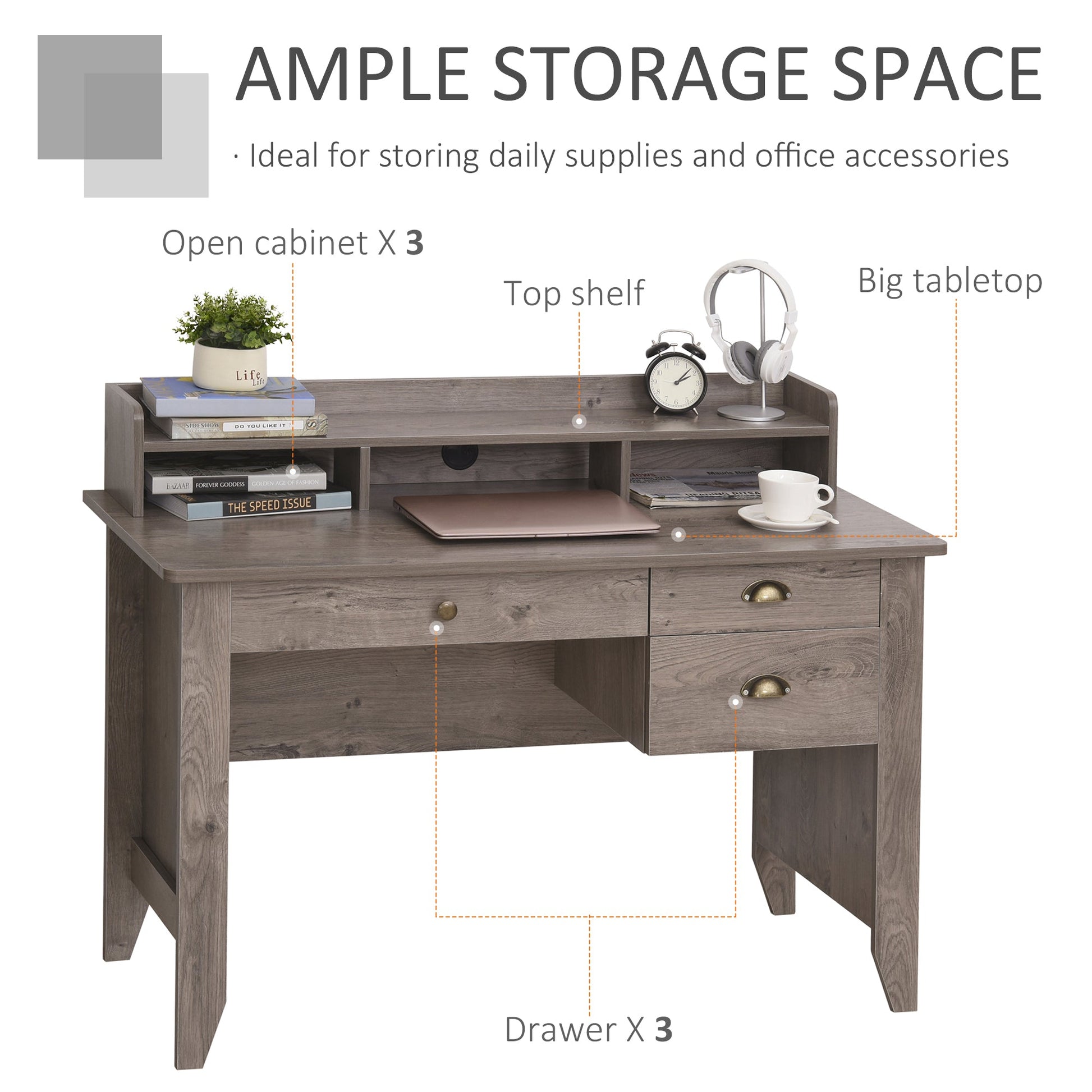 Computer Desk with Storage Hutch, Drawers, Shelf, Home Office Writing Table Study Workstation with Cable Management, Grey Writing Desks   at Gallery Canada