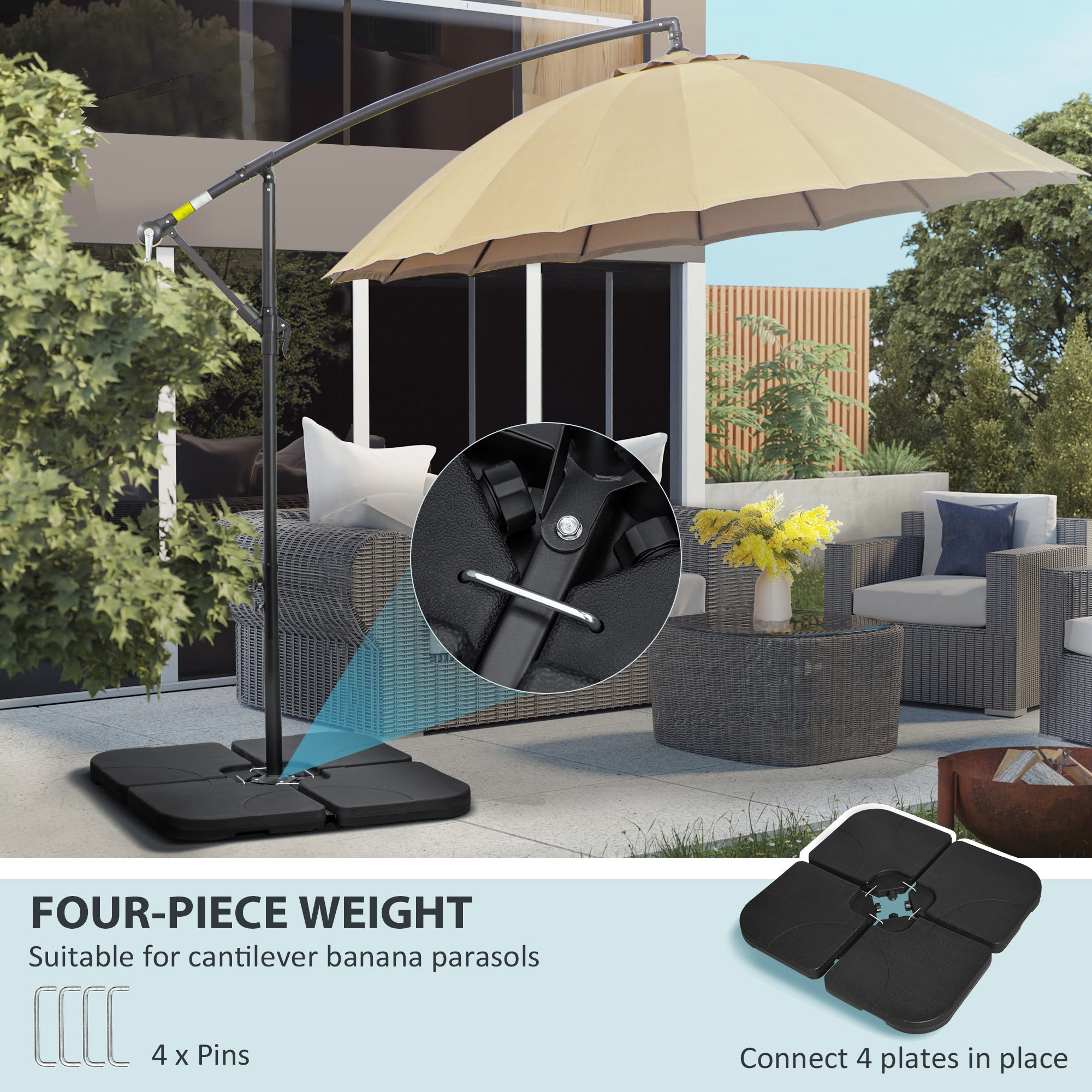 4 Piece Umbrella Base Stand w/ U Locking, 132 lb Capacity Water or 172 lb Capacity Sand, Black Umbrella Bases at Gallery Canada