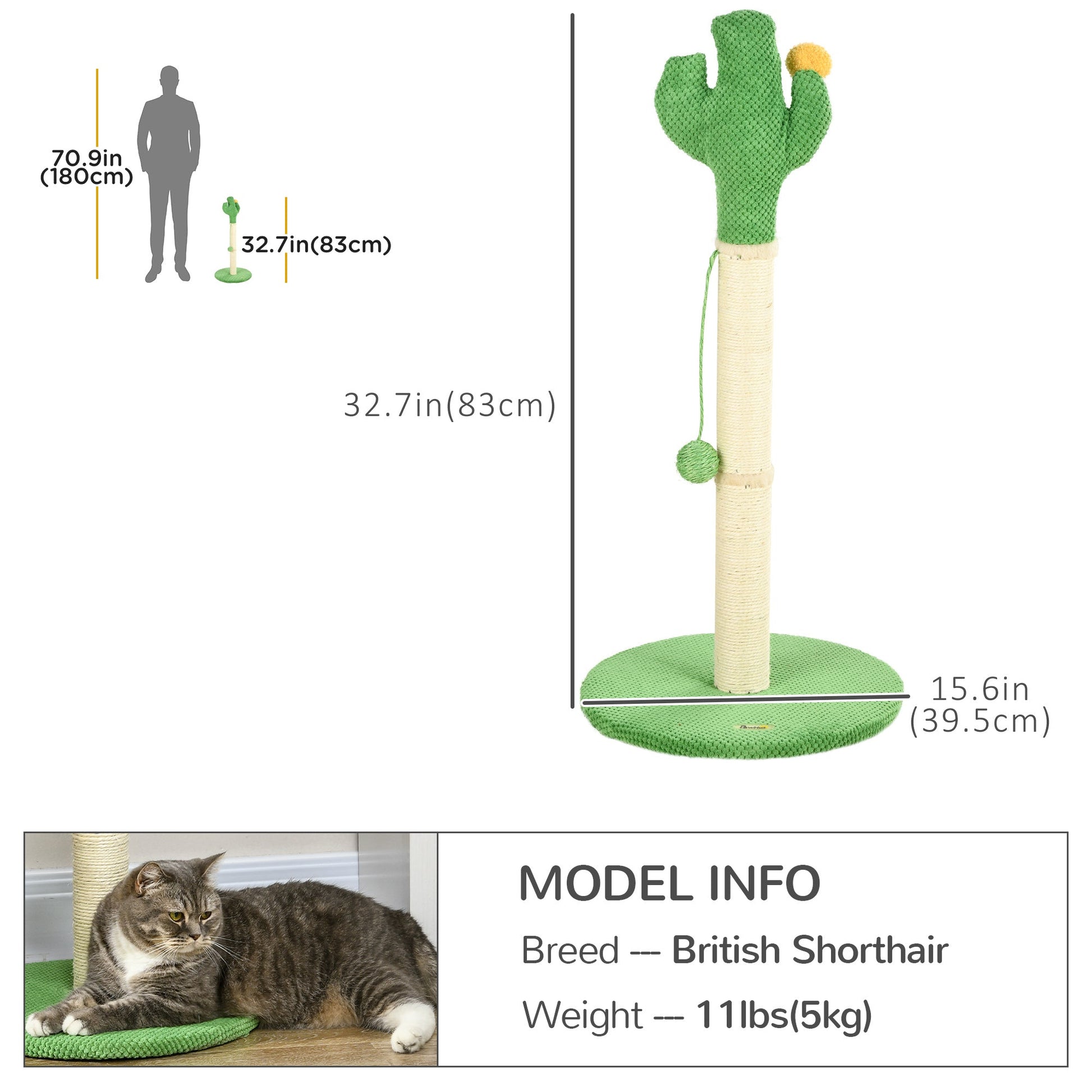 33" Cactus Cat Scratching Post for Indoor Cats, Sisal Cat Scratcher with Hanging Ball, Green Cat Posts   at Gallery Canada