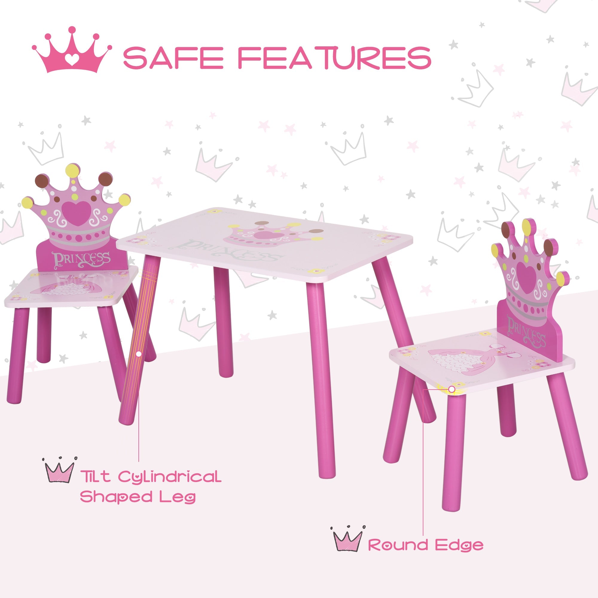 3-Piece Set Kids Wooden Table Chair with Crown Pattern Easy to Clean Gift for Girls Toddlers Age 2-4 Years Old Pink Kids Table Sets   at Gallery Canada