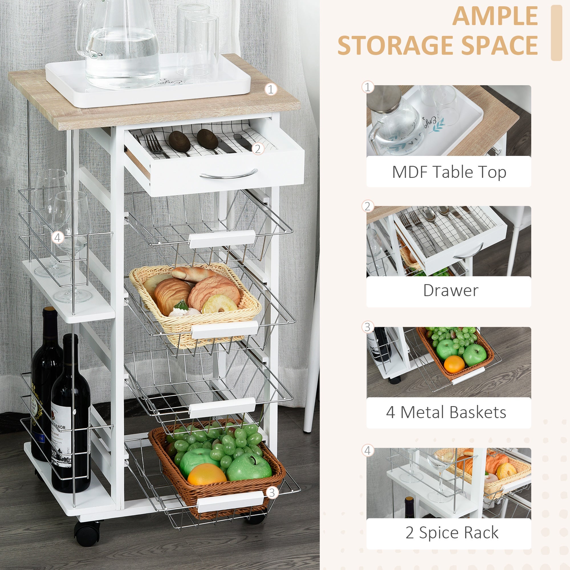 Rolling Kitchen Cart, Utility Storage Cart with 4 Baskets, Drawer, Side Racks, Wheels for Dining Room, Natural and White Kitchen Islands & Kitchen Carts   at Gallery Canada