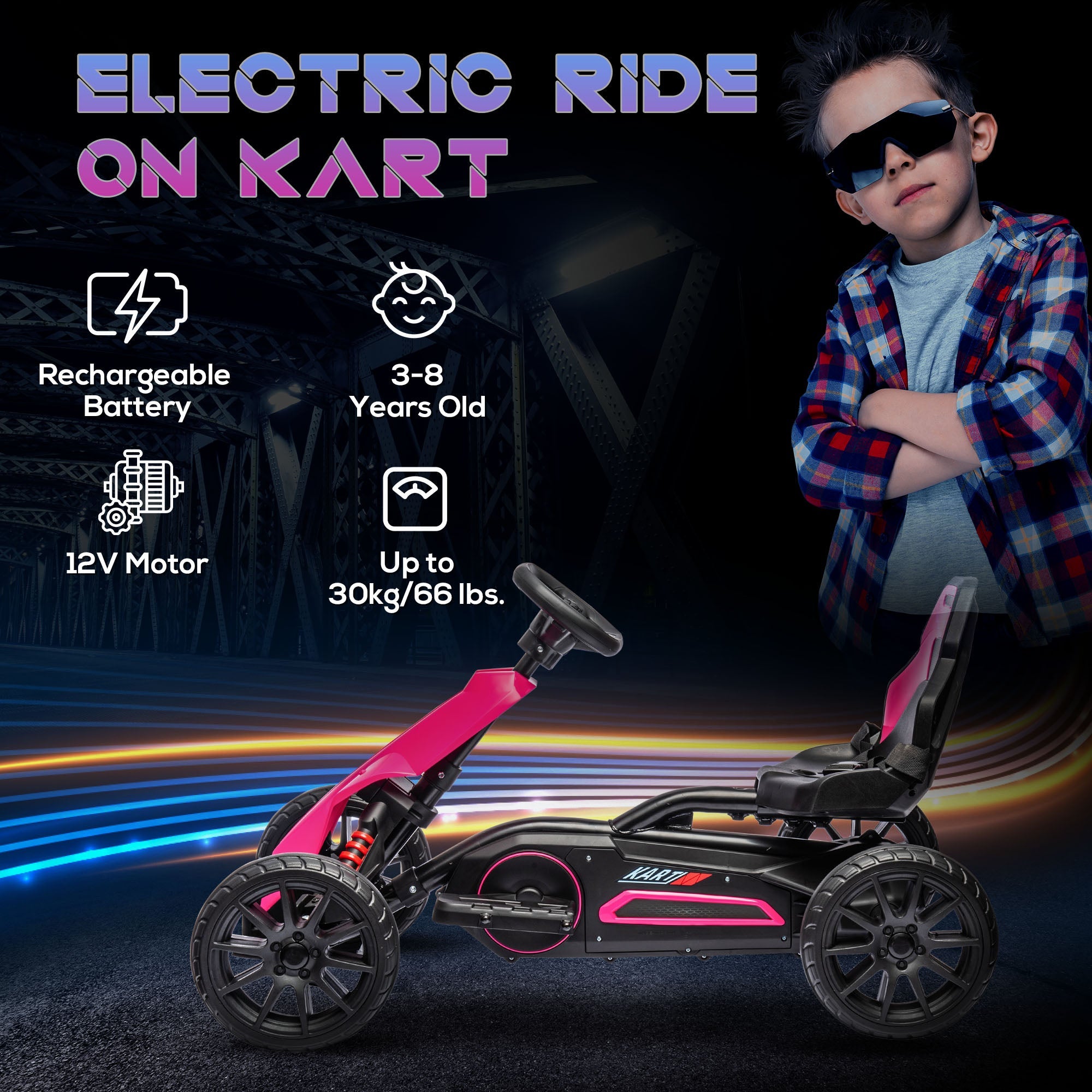 Electric Go Kart, 12V Outdoor Racer Car for Kids, with Forward Backward, Adjustable Speed, Ages 3-8 Years Old, Pink Electric Toy Cars   at Gallery Canada