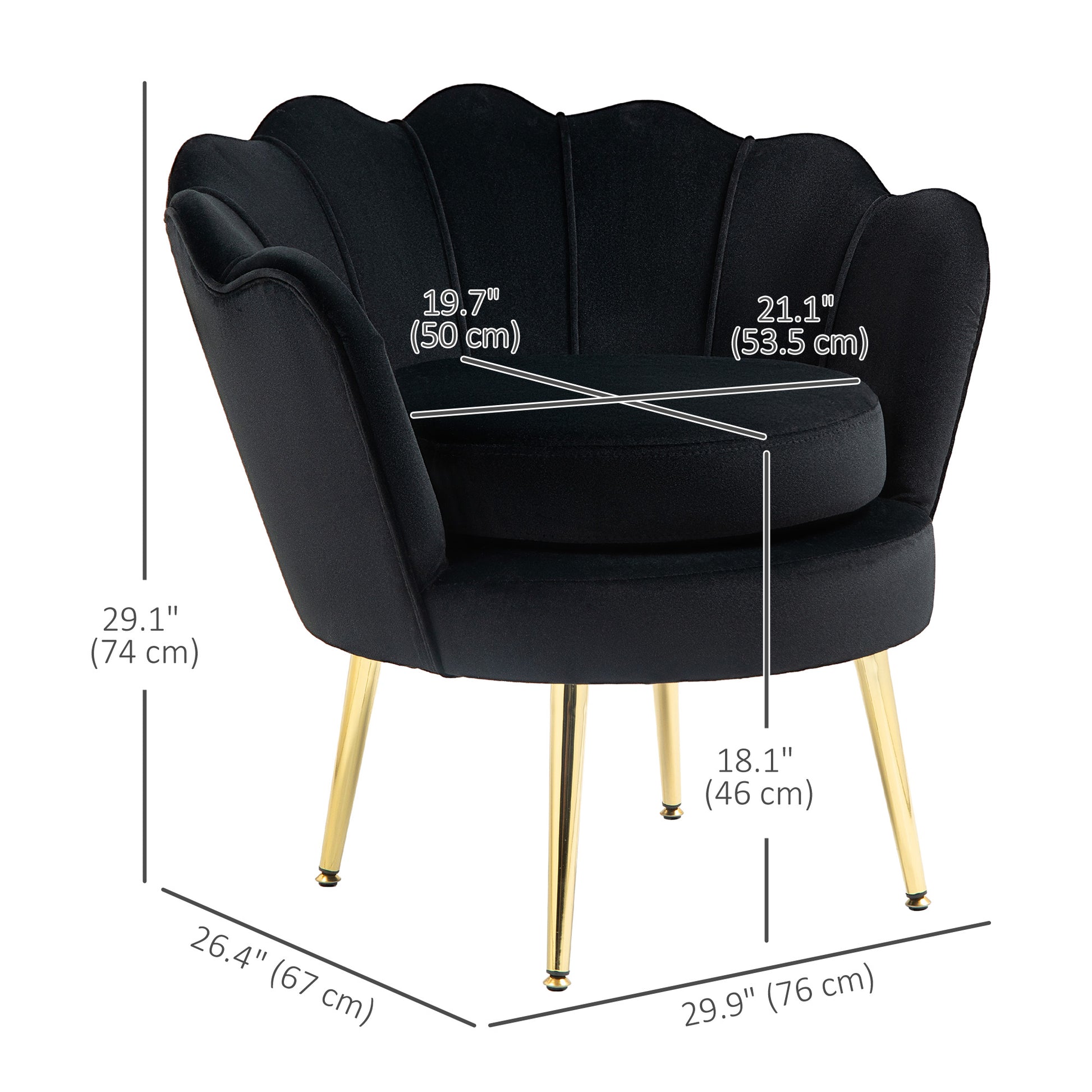 Modern Accent Chair, Velvet-Touch Fabric Leisure Club Chair with Gold Metal Legs for Bedroom, Black Accent Chairs at Gallery Canada