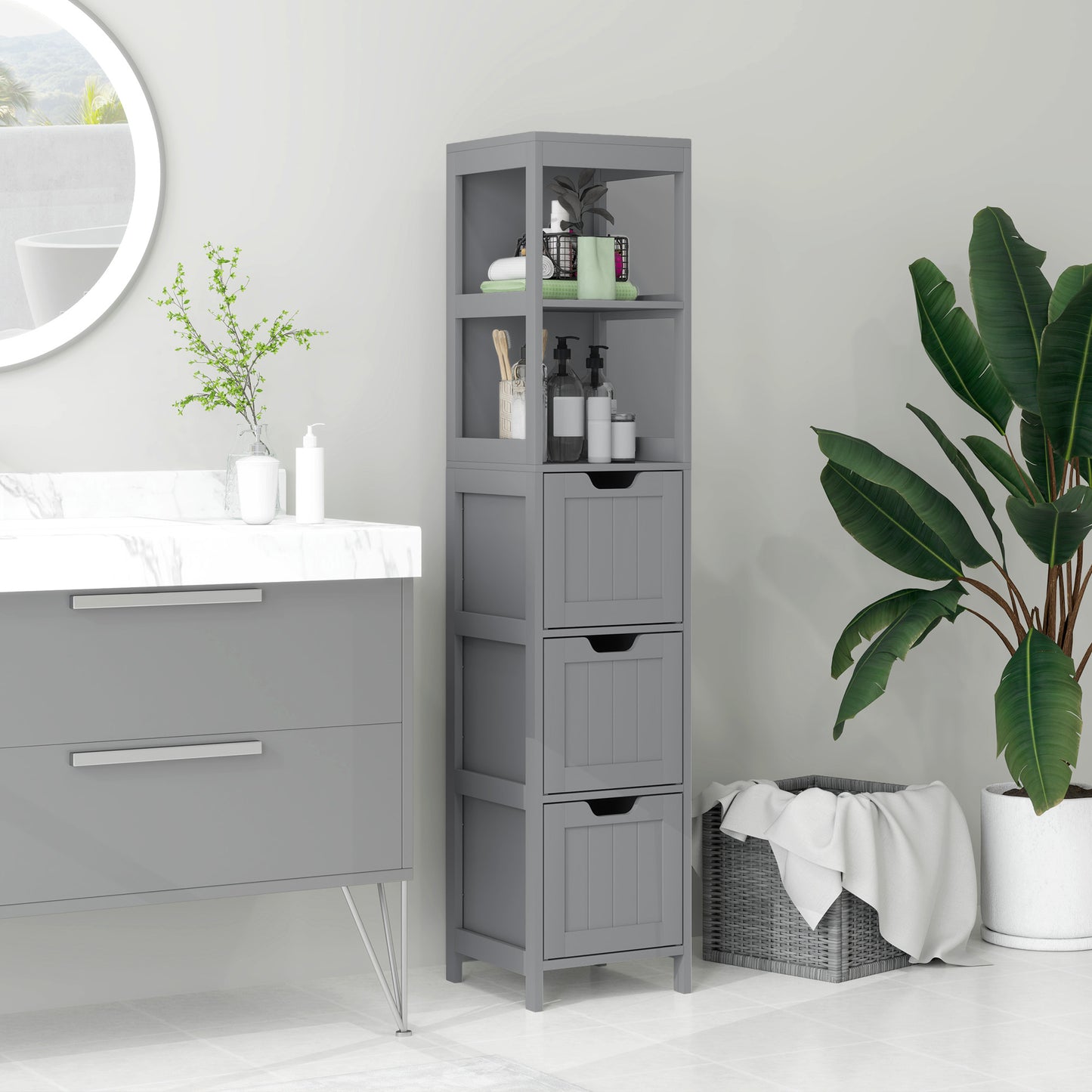 Narrow Bathroom Cabinet with 3 Drawers and 2 Tier Shelf, Tall Cupboard Freestanding Linen Tower, Grey Bathroom Cabinets   at Gallery Canada