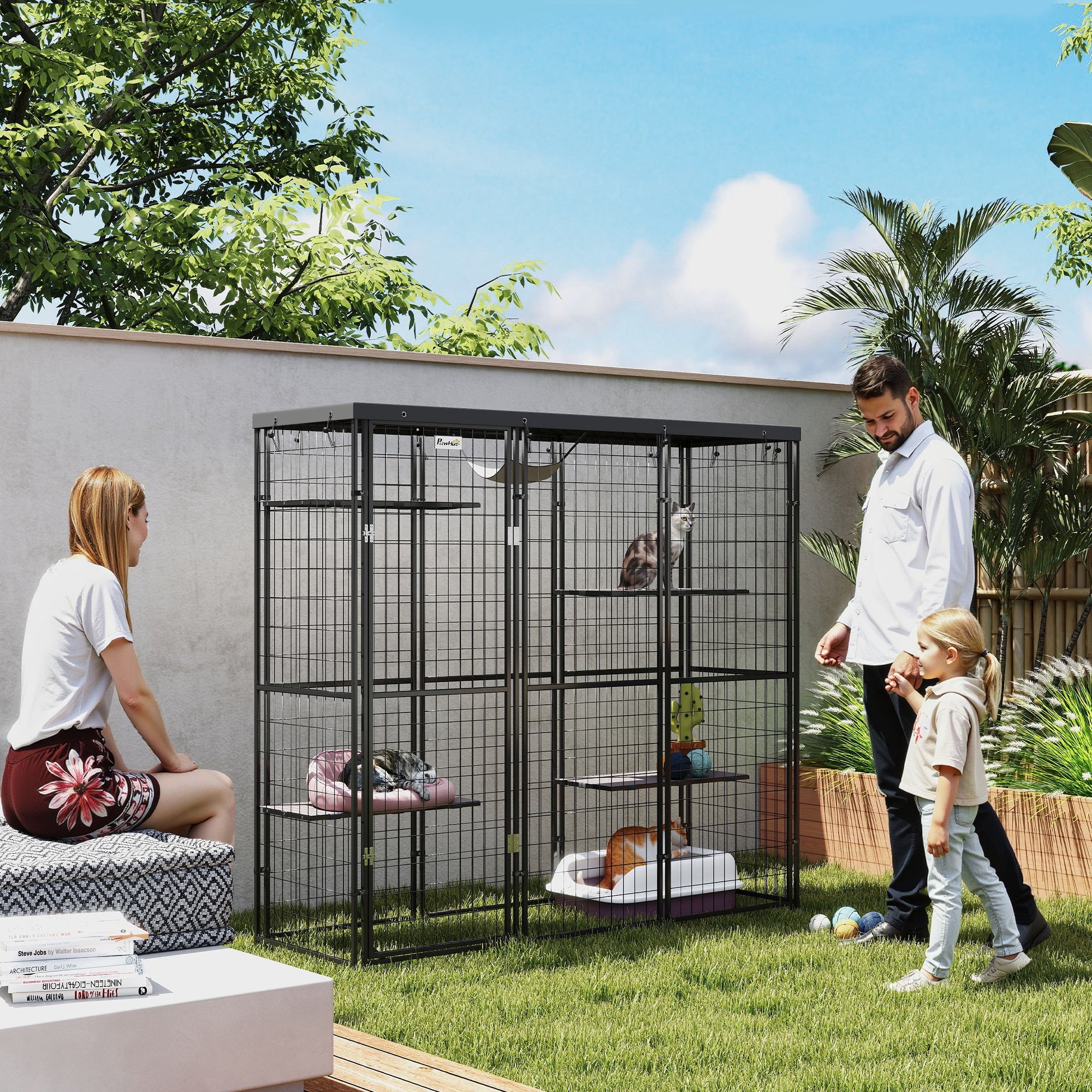 Weld Wire Catio Outdoor Indoor with Waterproof Cover, 4 Jumping Platforms, Hammock, 69