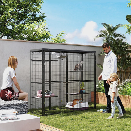 Weld Wire Catio Outdoor Indoor with Waterproof Cover, 4 Jumping Platforms, Hammock, 69