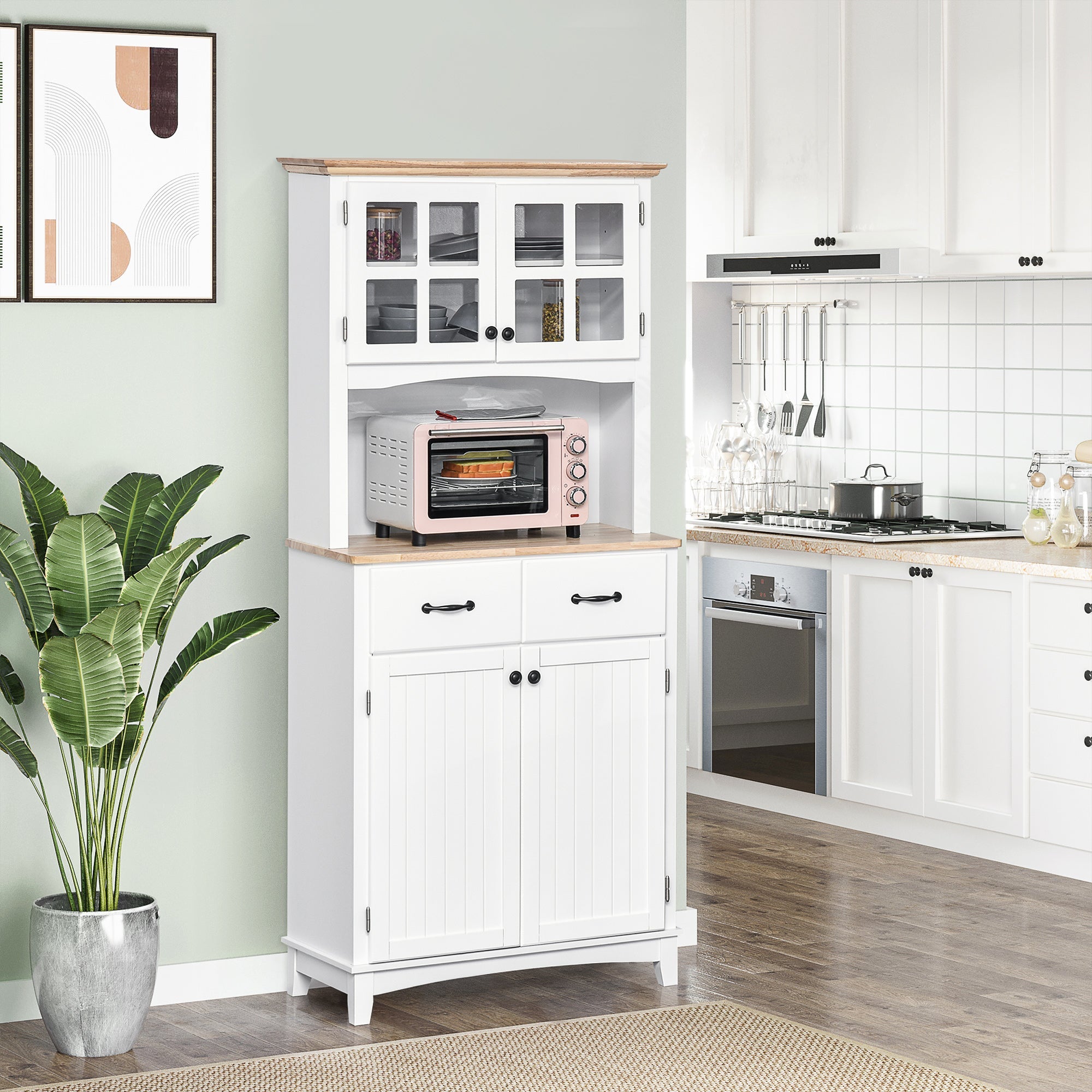 Coastal Style Kitchen Buffet and Hutch Wooden Storage Cabinet with Framed Glass Door Drawers Microwave Space for Dining Room Living Room White Kitchen Pantry Cabinets   at Gallery Canada