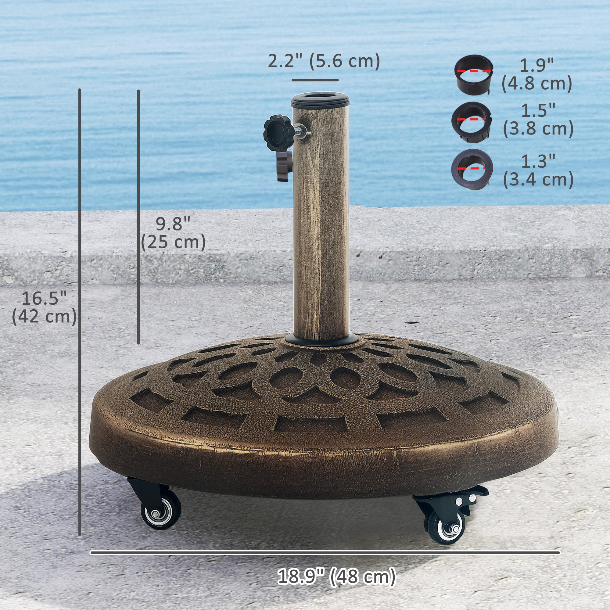 Round Patio Umbrella Base with Wheels, 46lbs Resin Umbrella Stand Base, Heavy Duty Patio Umbrella Holder for 1.3
