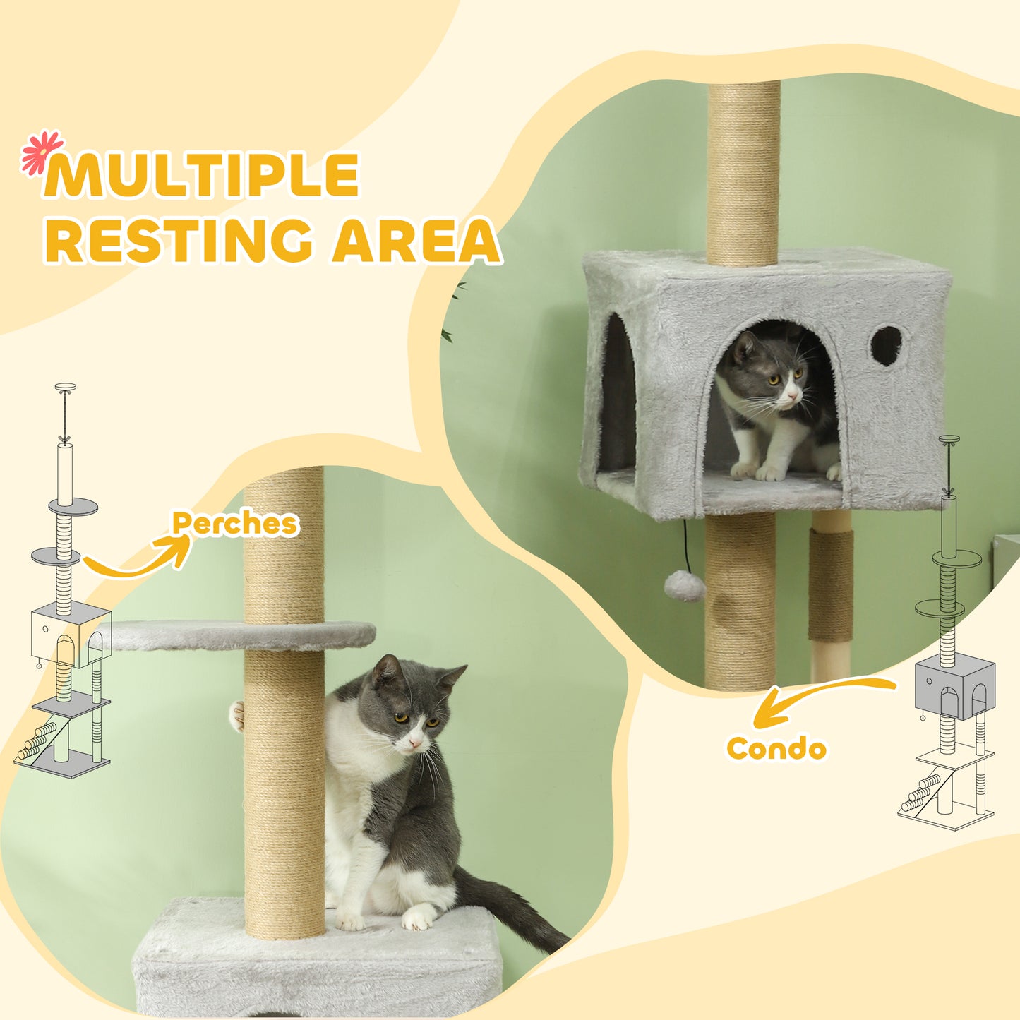 89"-104" Floor to Ceiling Cat Tree w/ Scratching Post, Cat House, 3-Steps, Hanging Ball, Perches, Light Grey Floor to Ceiling Cat Trees   at Gallery Canada