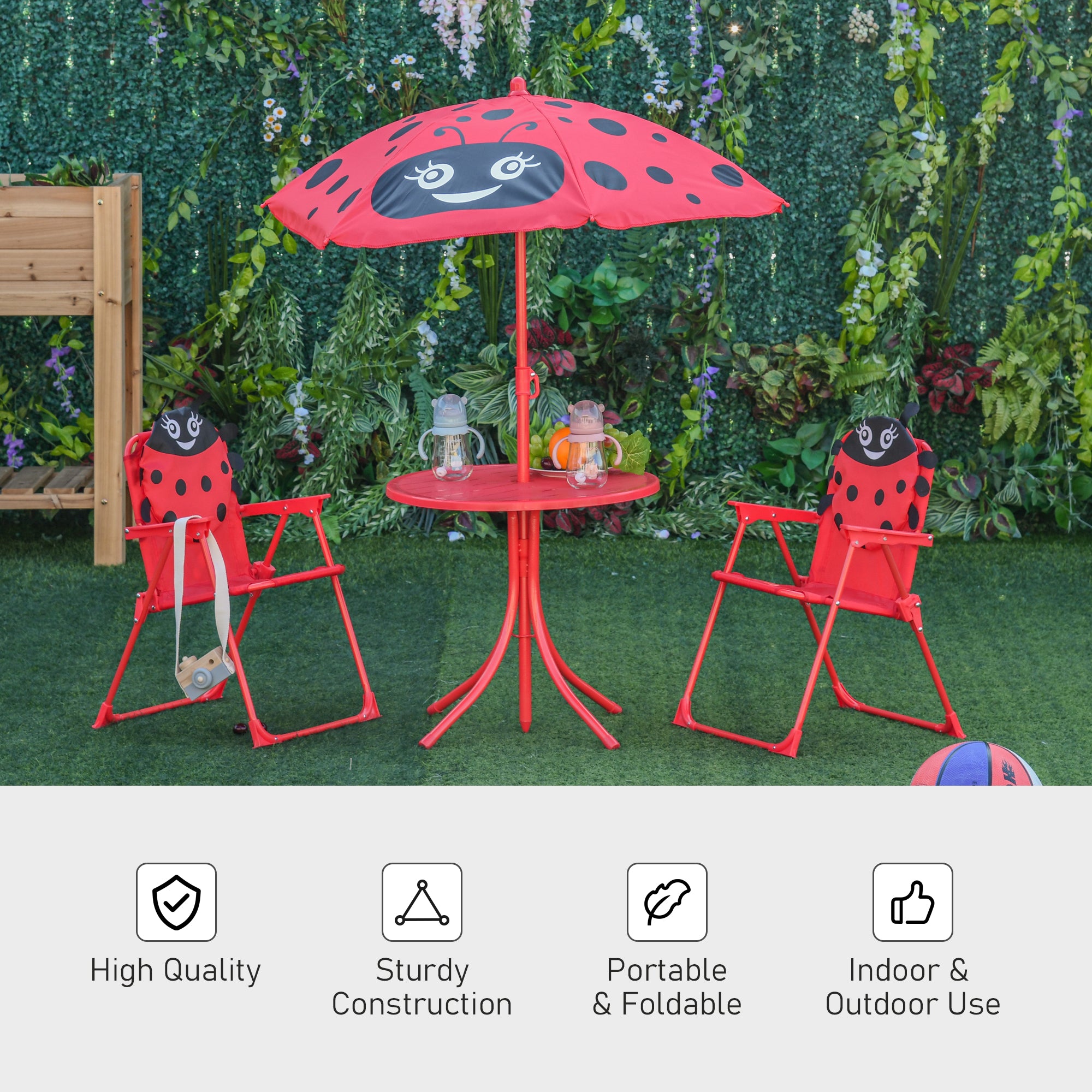Kids Folding Picnic Table and Chair Set Pattern Outdoor Garden Patio Backyard with Removable &; Height Adjustable Sun Umbrella Red Kids Outdoor Furniture at Gallery Canada