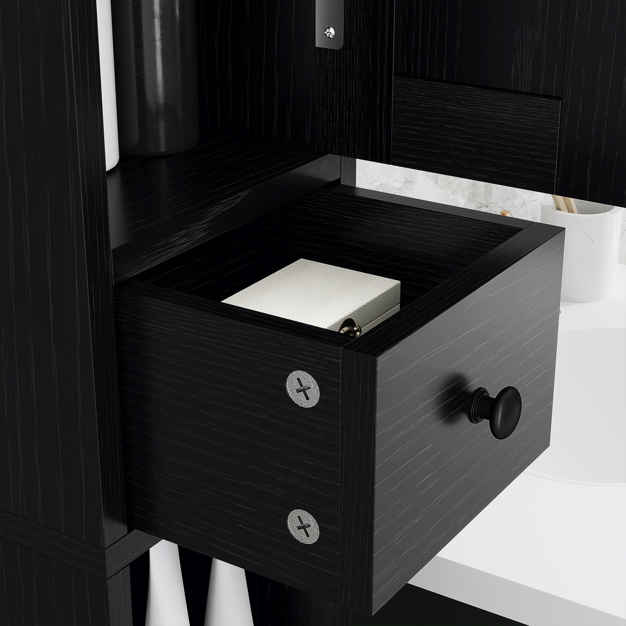 Narrow Bathroom Cabinet, Tall Bathroom Storage Cabinet with Barn Doors, Drawer and Adjustable Shelves, Black Wood Grain Bathroom Cabinets at Gallery Canada