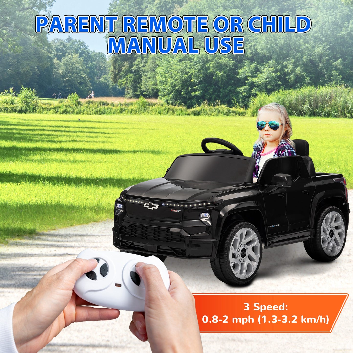 12V CHEVROLET SILVERADO EV RST Licensed Kids Car w/ Remote, Spring Suspension, Soft Start, Training Wheels, Black Electric Toy Cars   at Gallery Canada