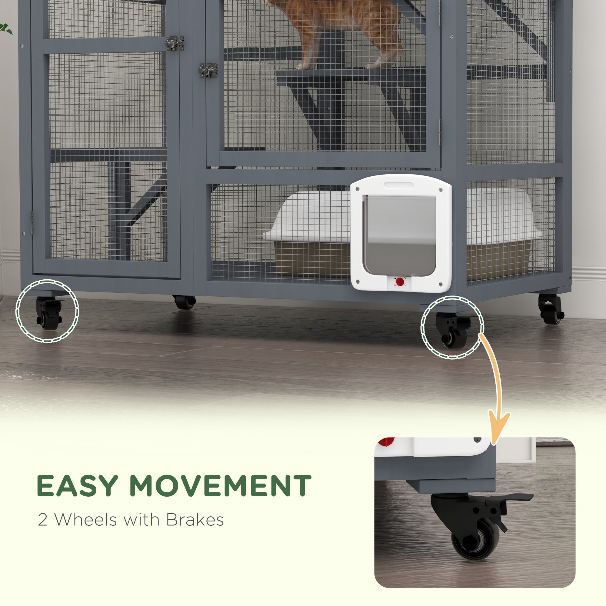 Cat Condo Wooden Indoor Cat House on Wheels with Cat Flap Door Platforms Hammock Openable Top for 2 Cats, Light Grey Outdoor Cat Enclosures at Gallery Canada