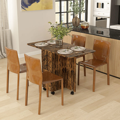 Drop Leaf Dining Table, Mobile Folding Table on Wheels with Drawers and Cabinet for Dining Room, Kitchen, Rustic Brown