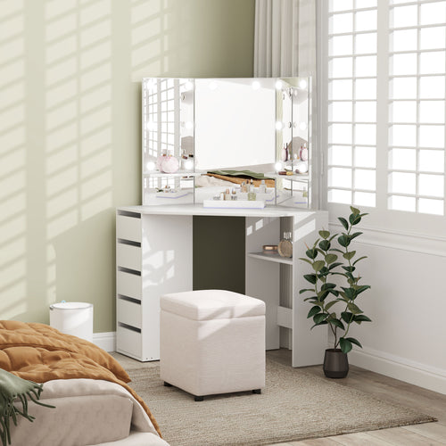 Makeup Vanity Desk with 3-Panel Mirror and 10 LED Lights, Dressing Table with 5 Drawers and Shelves for Bedroom, White
