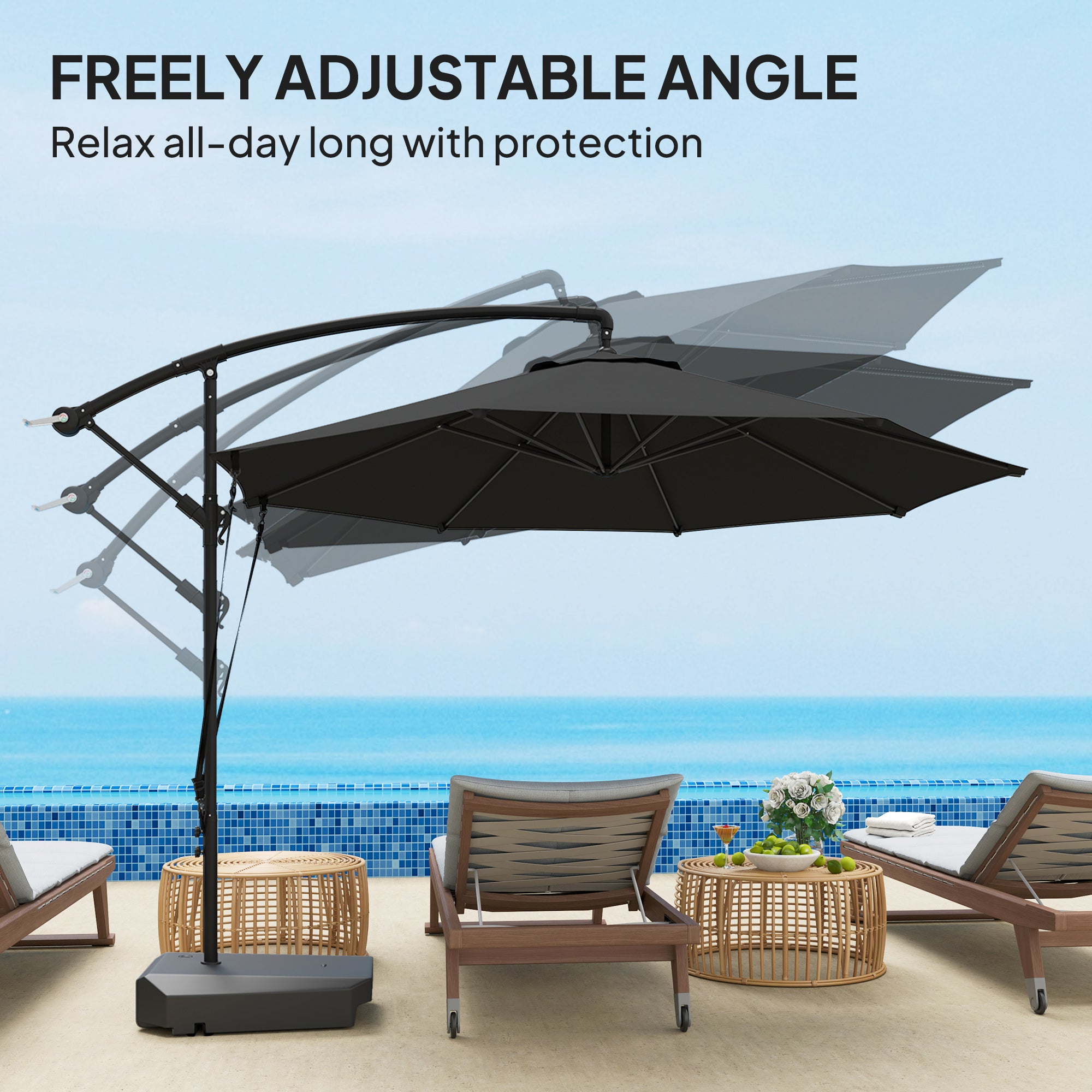 10FT Cantilever Umbrella with Fillable Base, Wind Strap and Cover, Offset Hanging Umbrella with Crank, UPF50+, Grey Offset Cantilever Umbrellas at Gallery Canada