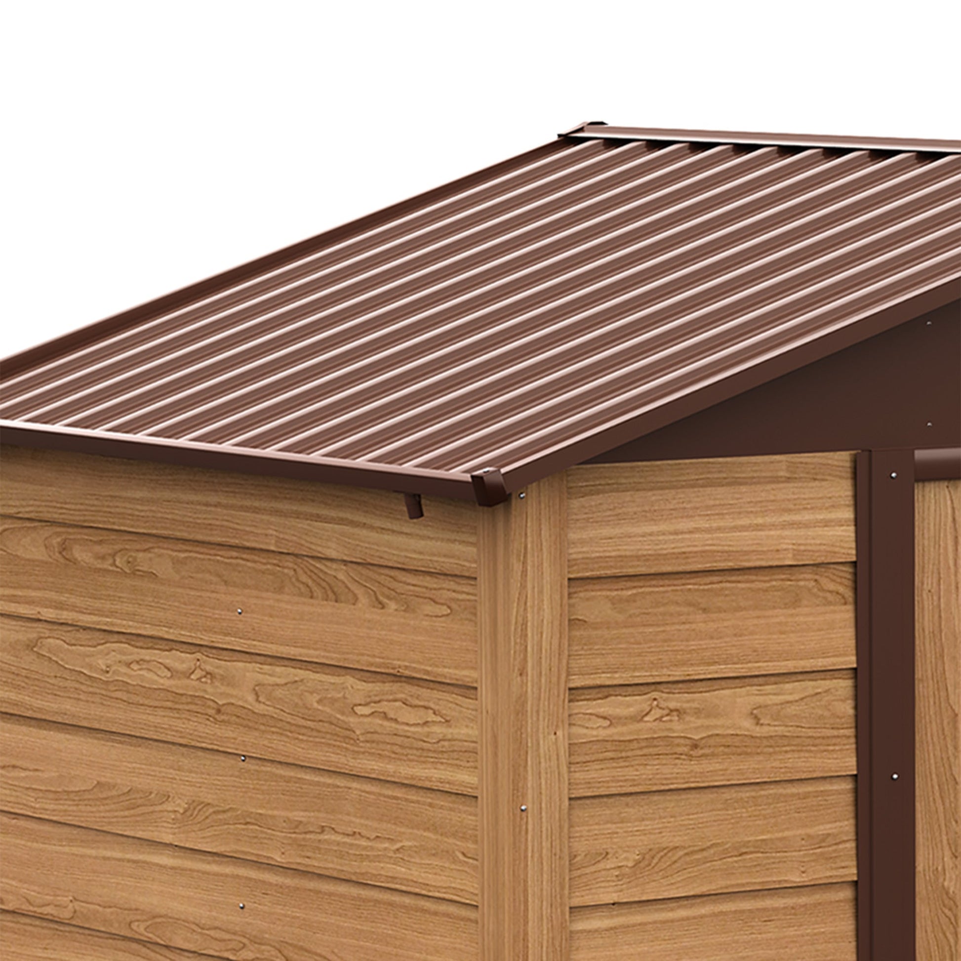 6.4' x 7.7' Outdoor Metal Garden Shed House Hut Gardening Tool Storage with Ventilation, Brown with Wood Grain Sheds   at Gallery Canada