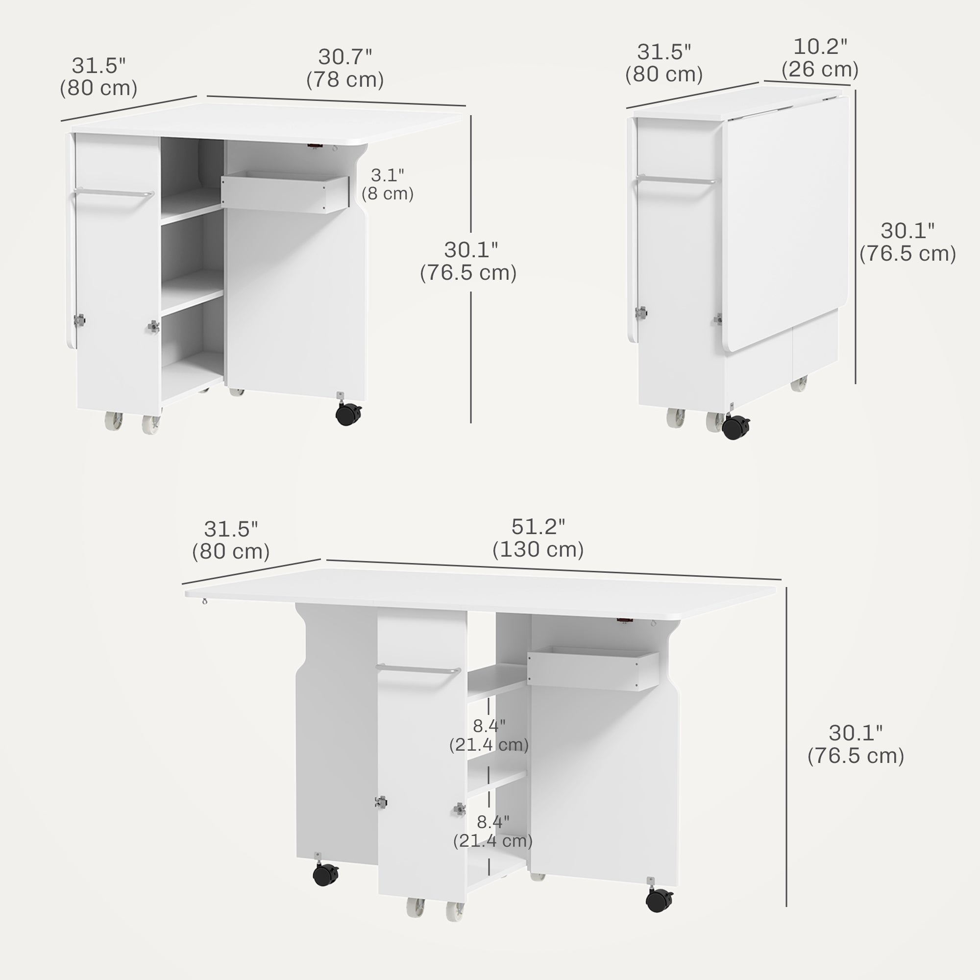 Folding Dining Table with Storage, Drop Leaf Kitchen Table on Wheels with Box, Shelves and Towel Racks, White Bar Tables & Dining Tables   at Gallery Canada