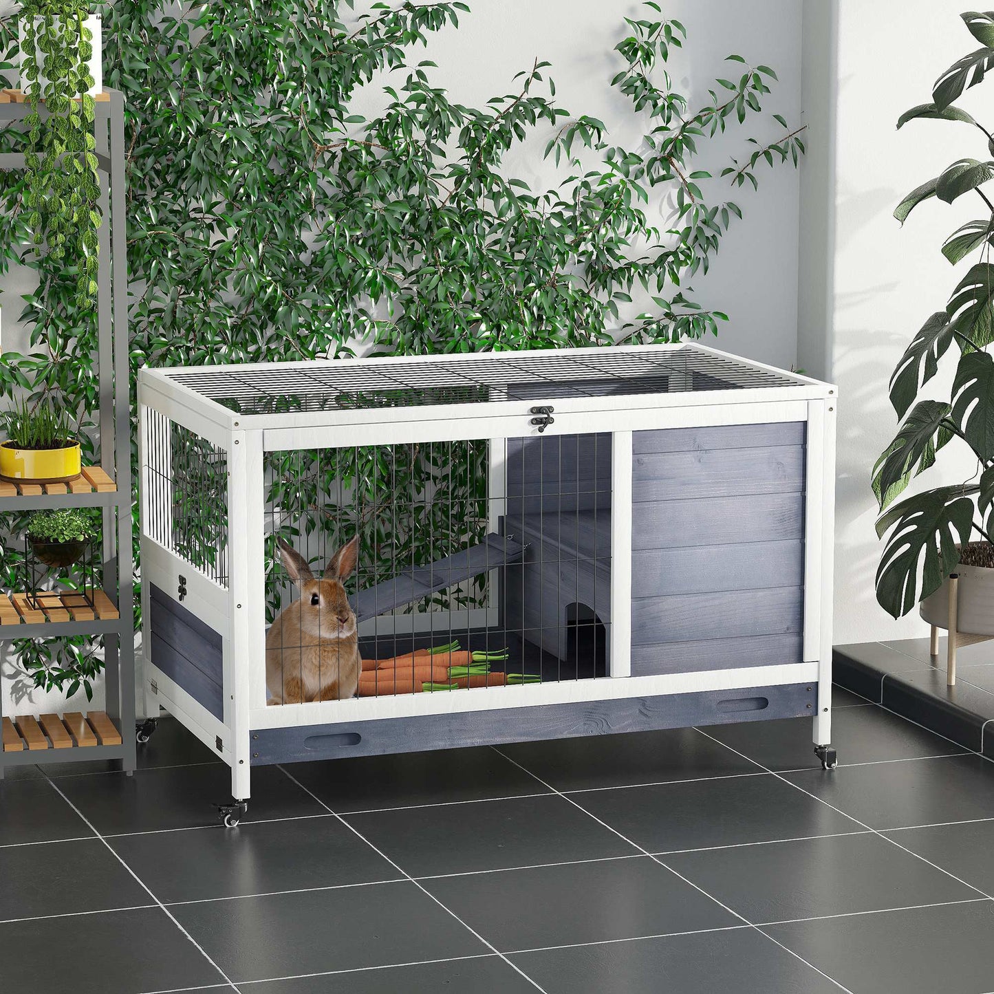 Wooden Indoor Rabbit Hutch Elevated Cage Habitat with Enclosed Run with Wheels, Ideal for Rabbits and Guinea Pigs, White Rabbit Hutch   at Gallery Canada