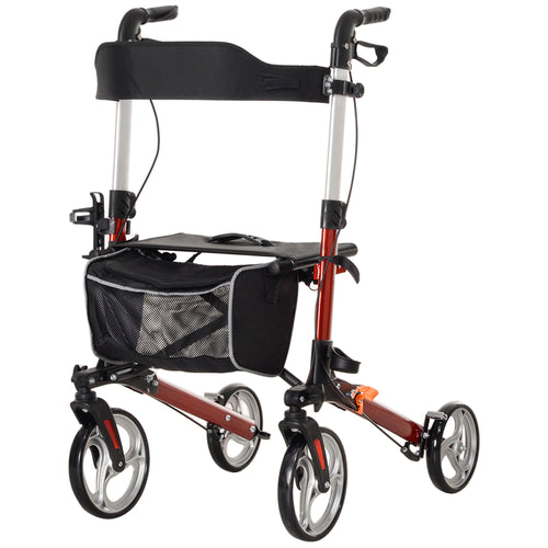 Lightweight Folding Rolling Walker with Large Seat, Back, Adjustable Handle, Bag, Dual Brake, Cane Holder, Red