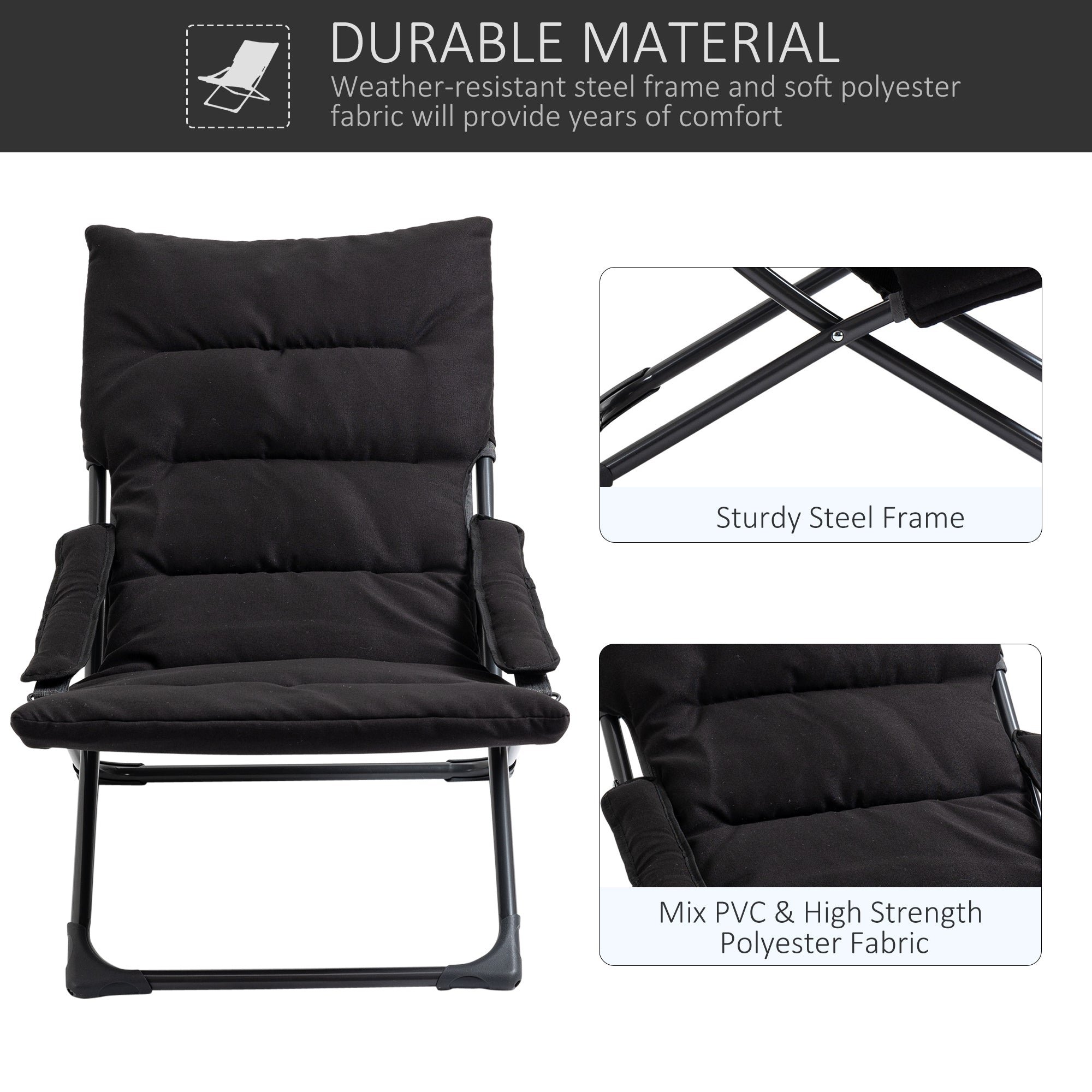 Folding Lounge Chair, Mesh Fabric Lounger with Thick Padded Cushion and Armrest, Camping Beach Chair for Poolside, Deck, Backyard, Black Patio Chairs at Gallery Canada