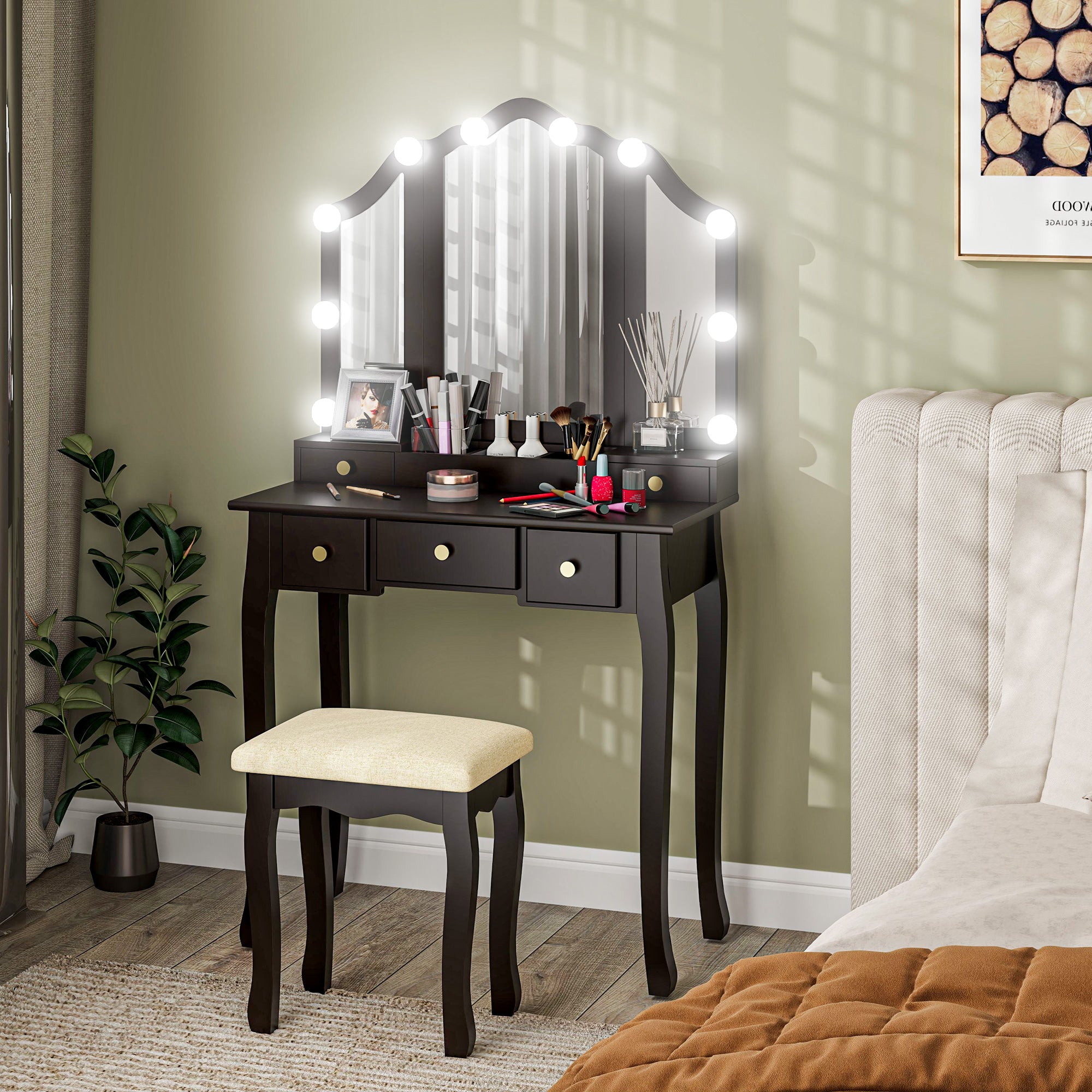 Makeup Vanity Desk with Mirror and Stool, Vanity Set with 10 LED Lights, 5 Drawers and 3 Compartments, Black Dressing & Vanity Tables at Gallery Canada