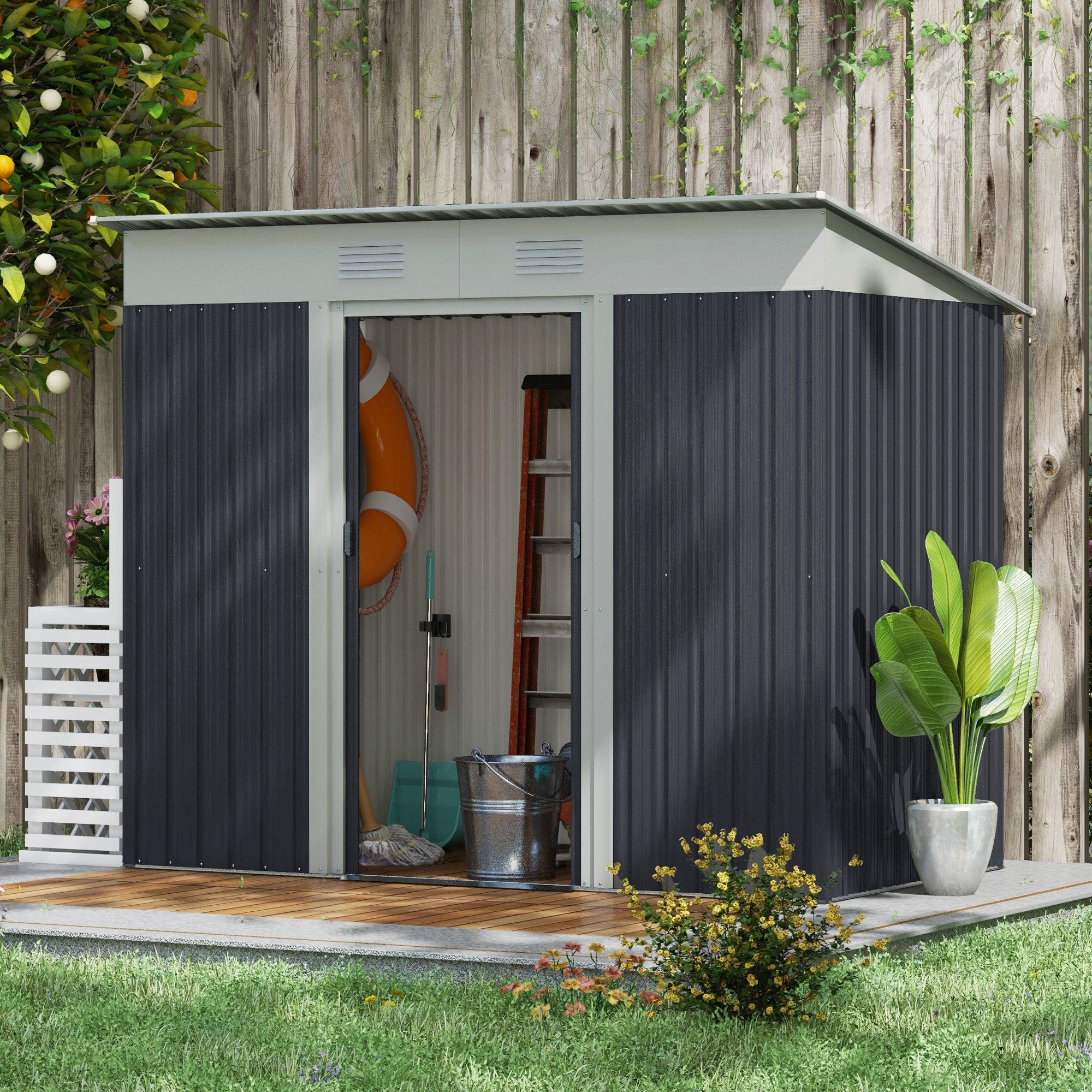 7' x 4' Outdoor Storage Shed, Metal Garden Tool Storage House Organizer with Lockable Sliding Doors and Vents for Backyard Patio Lawn, Charcoal Grey Sheds at Gallery Canada
