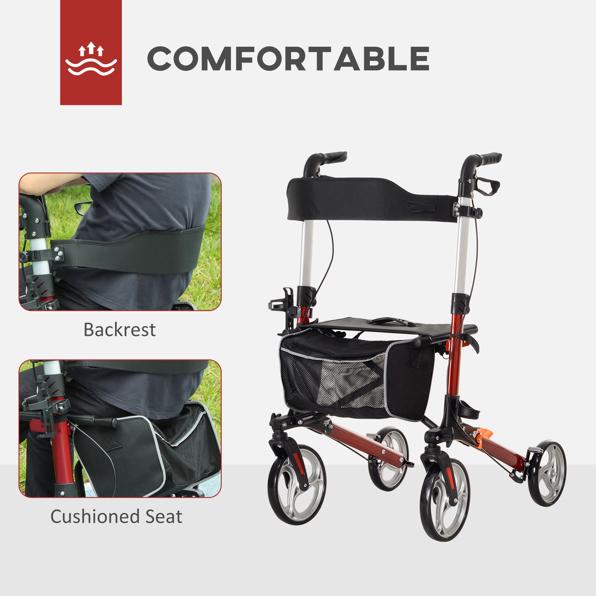 Lightweight Folding Rolling Walker with Large Seat, Back, Adjustable Handle, Bag, Dual Brake, Cane Holder, Red Knee Walker & Wheelchair Ramps at Gallery Canada