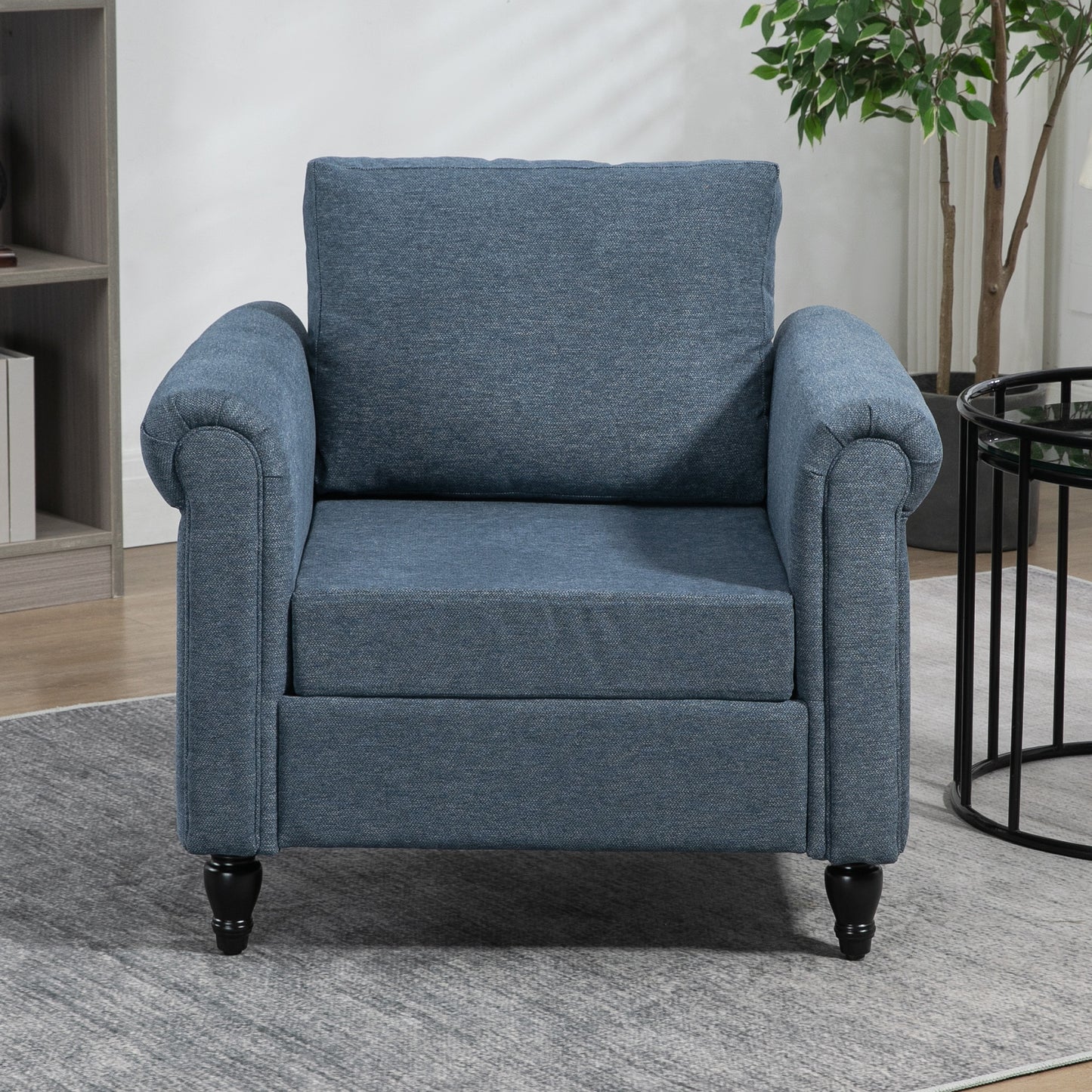 Vintage Armchair, Upholstered Accent Chair with Rolled Arms, Gourd-Shaped Rubber Wood Legs, Dark Blue Accent Chairs at Gallery Canada