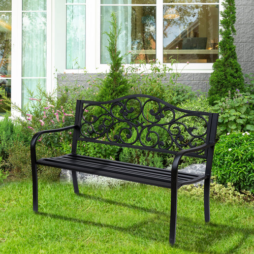 Garden Bench Outdoor Loveseat with Vintage Floral Pattern Cast Metal, 50