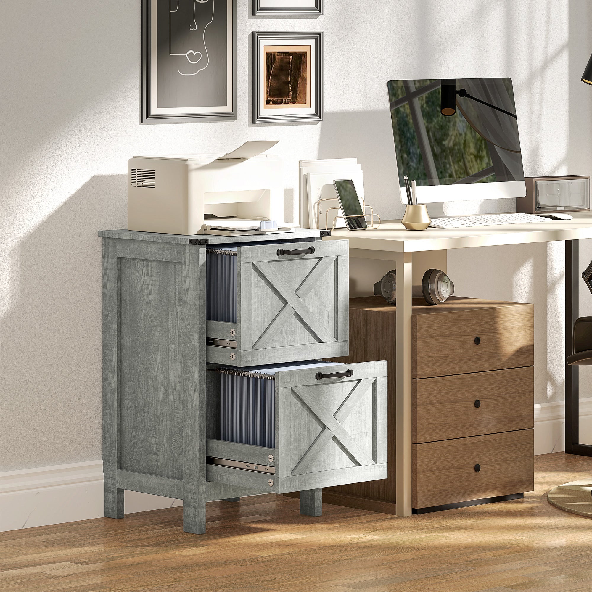 Vertical Filing Cabinet with 2 Drawers, Rustic Farmhouse Office Storage Cabinet for A4, Letter Size, Stone Grey Office Cabinets & Cupboards at Gallery Canada