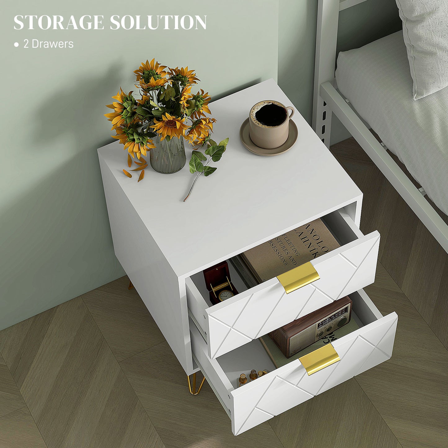 Modern Bedside Table, Accent Nightstand with 2 Drawers, Bed End Table for Bedroom, Living Room, White Bedside Tables   at Gallery Canada