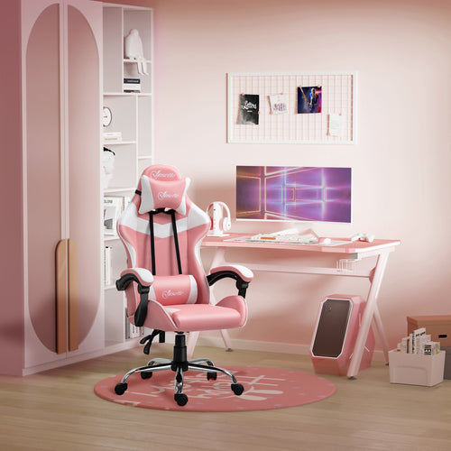 Racing Gaming Chair with Lumbar Support, Head Pillow, Swivel High Back Recliner Gamer Desk Chair for Office, Pink