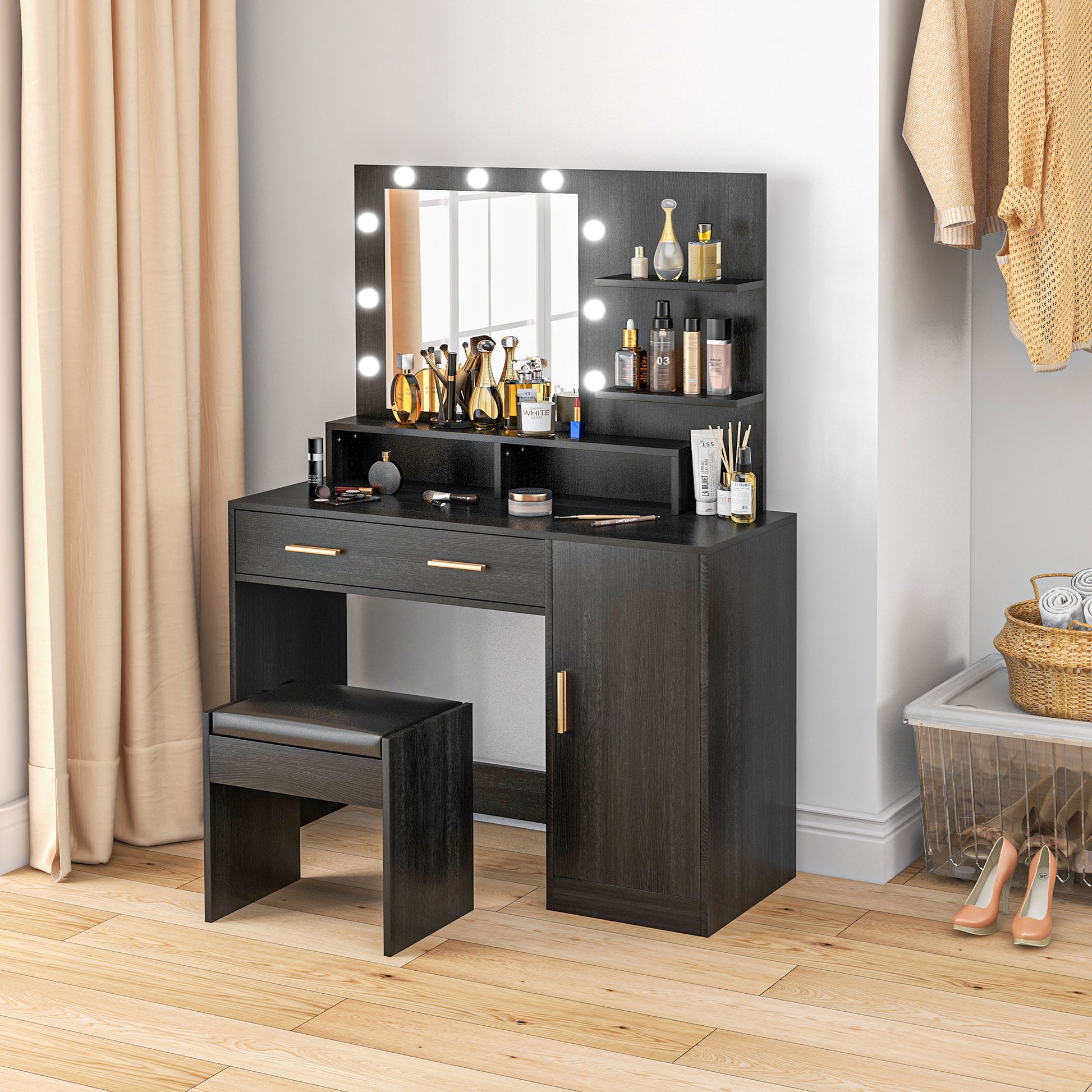 Illuminated Dressing Table Set, LED Vanity Table Set with Stool, LED Mirror, Drawer and Cabinet Shelves for Bedroom Dressing & Vanity Tables   at Gallery Canada