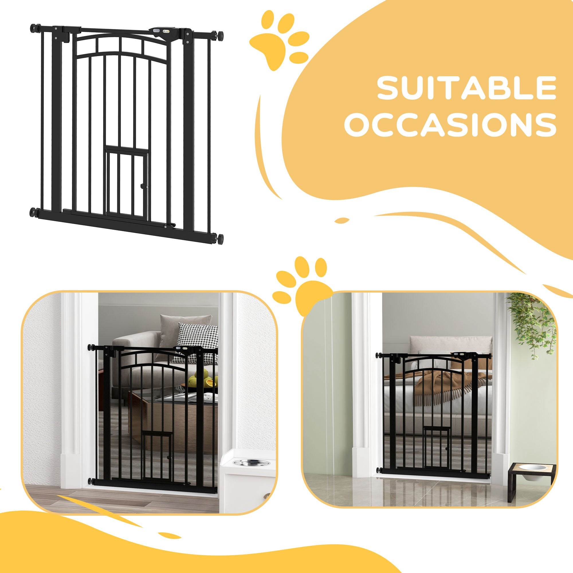 Auto-Close Pet Gate, Stair Gate with Cat Door, Double Locking for Doorways Hallways Stairs, Fits 29