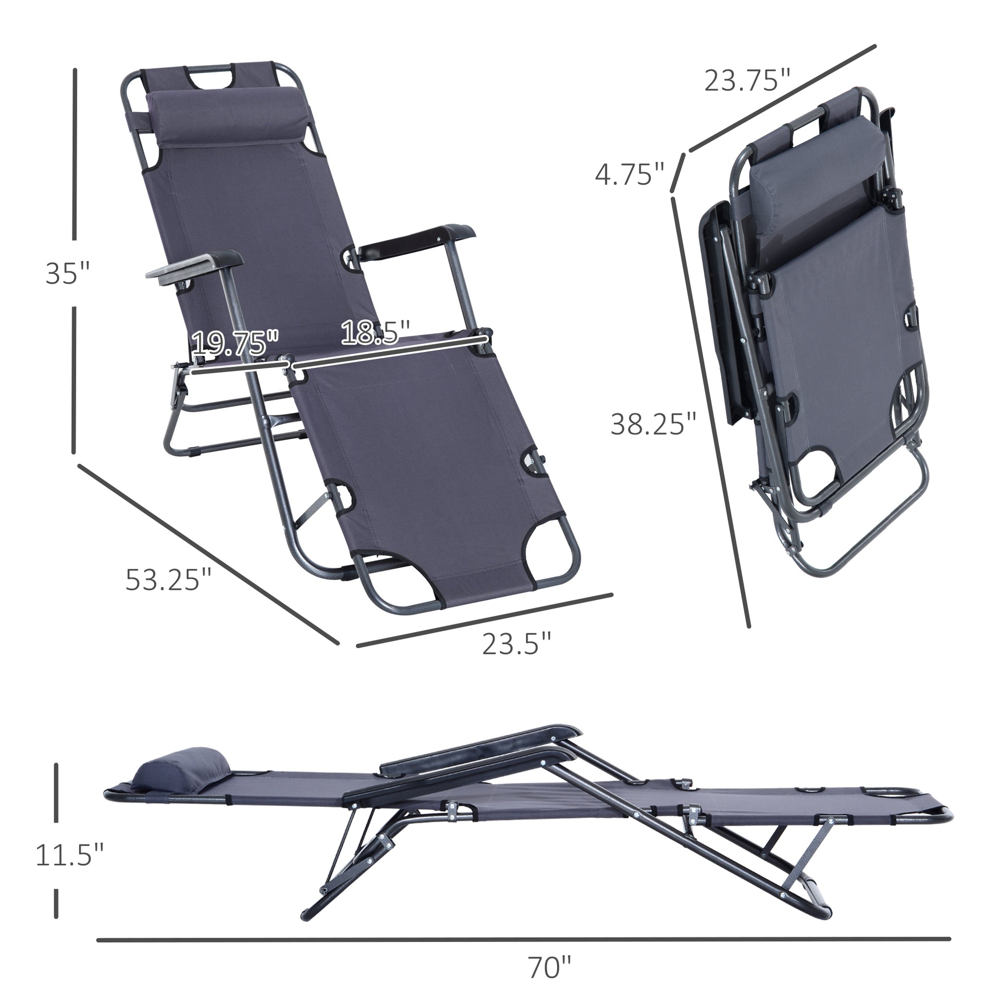 Folding Chaise Lounge Chair, Outdoor Portable 2-Level Adjustable Recliner Zero Gravity Chair with Headrest Pillow, Back with Storage Mesh Pocket, Grey Lounger Chairs   at Gallery Canada