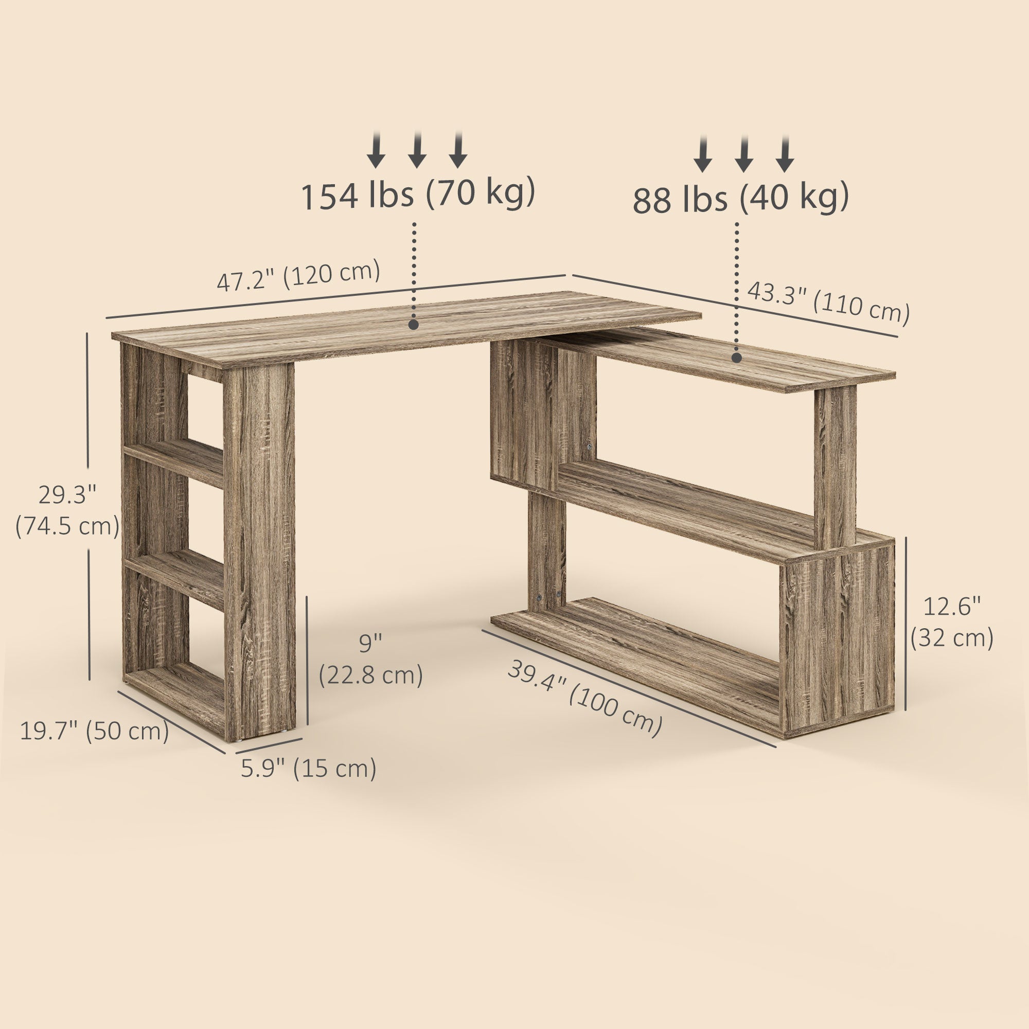 360° Rotating L Shaped Desk, Corner Computer Desk with Storage Shelves for Home Office, Grey Writing Desks   at Gallery Canada