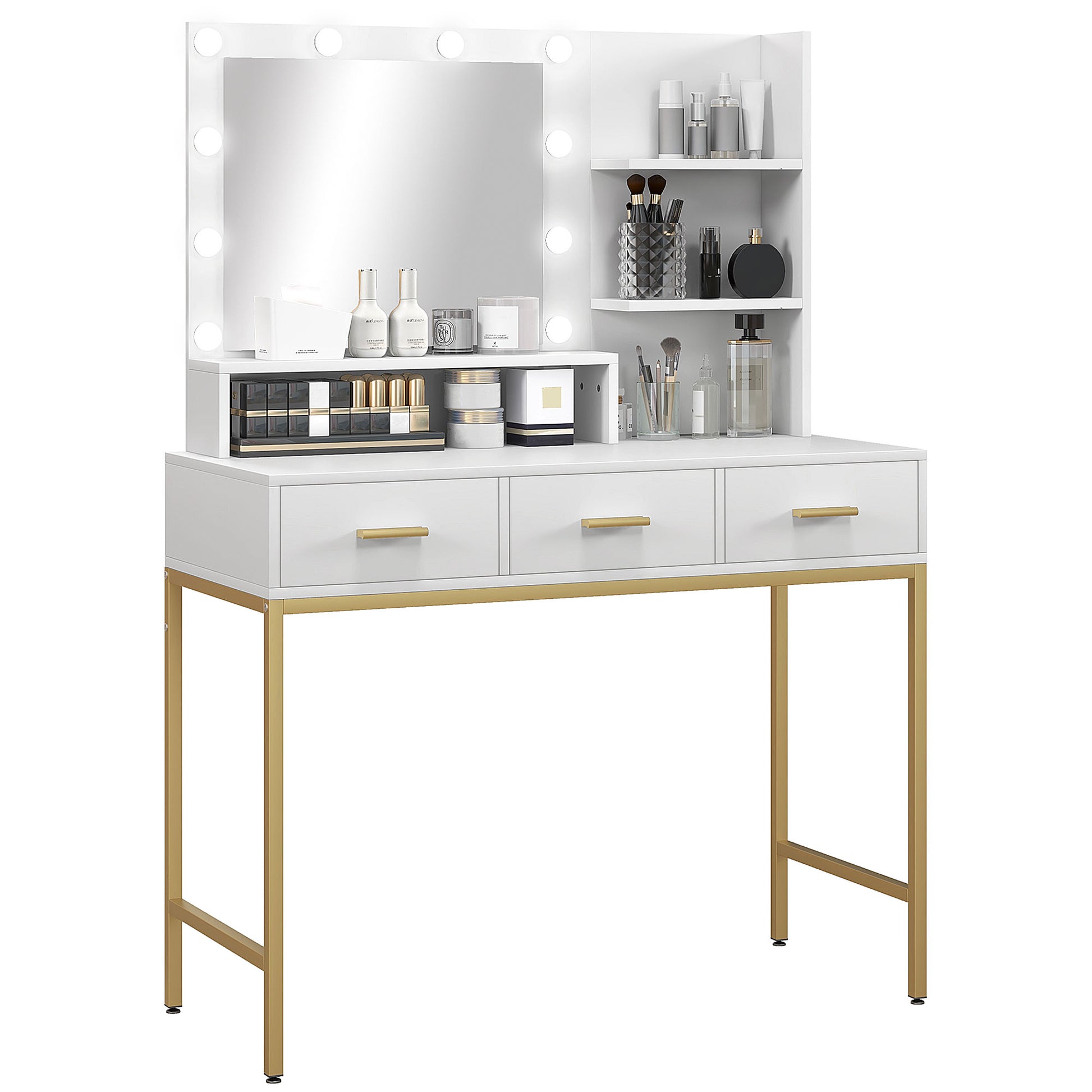 Illuminated Dressing Table, LED Vanity Table with Mirror, 3 Drawers and Storage Shelves for Bedroom, White Dressing & Vanity Tables   at Gallery Canada