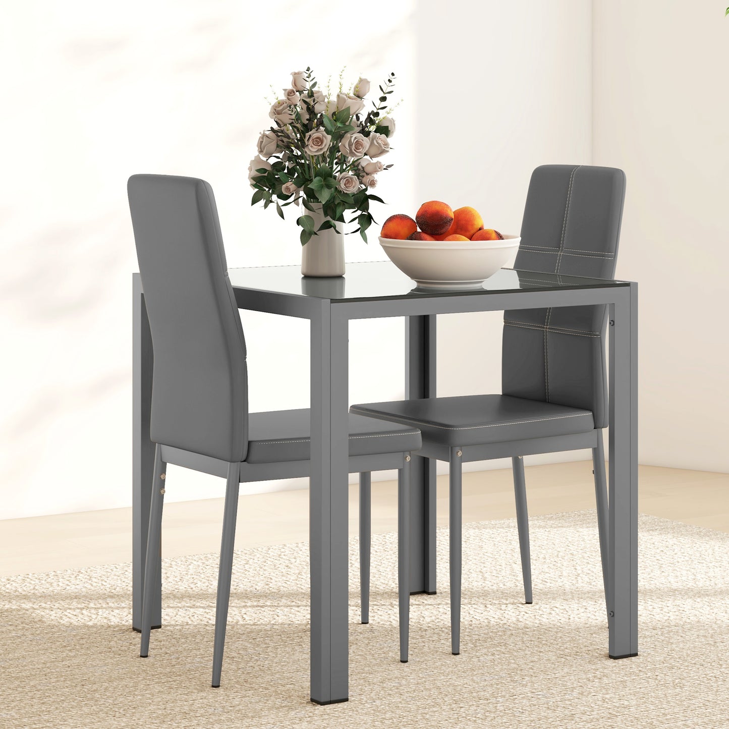 3-Piece Rectangular Glass Kitchen Table and Chairs with Metal Frame and Faux Leather Upholstery for Dining Room, Grey Bar Sets   at Gallery Canada