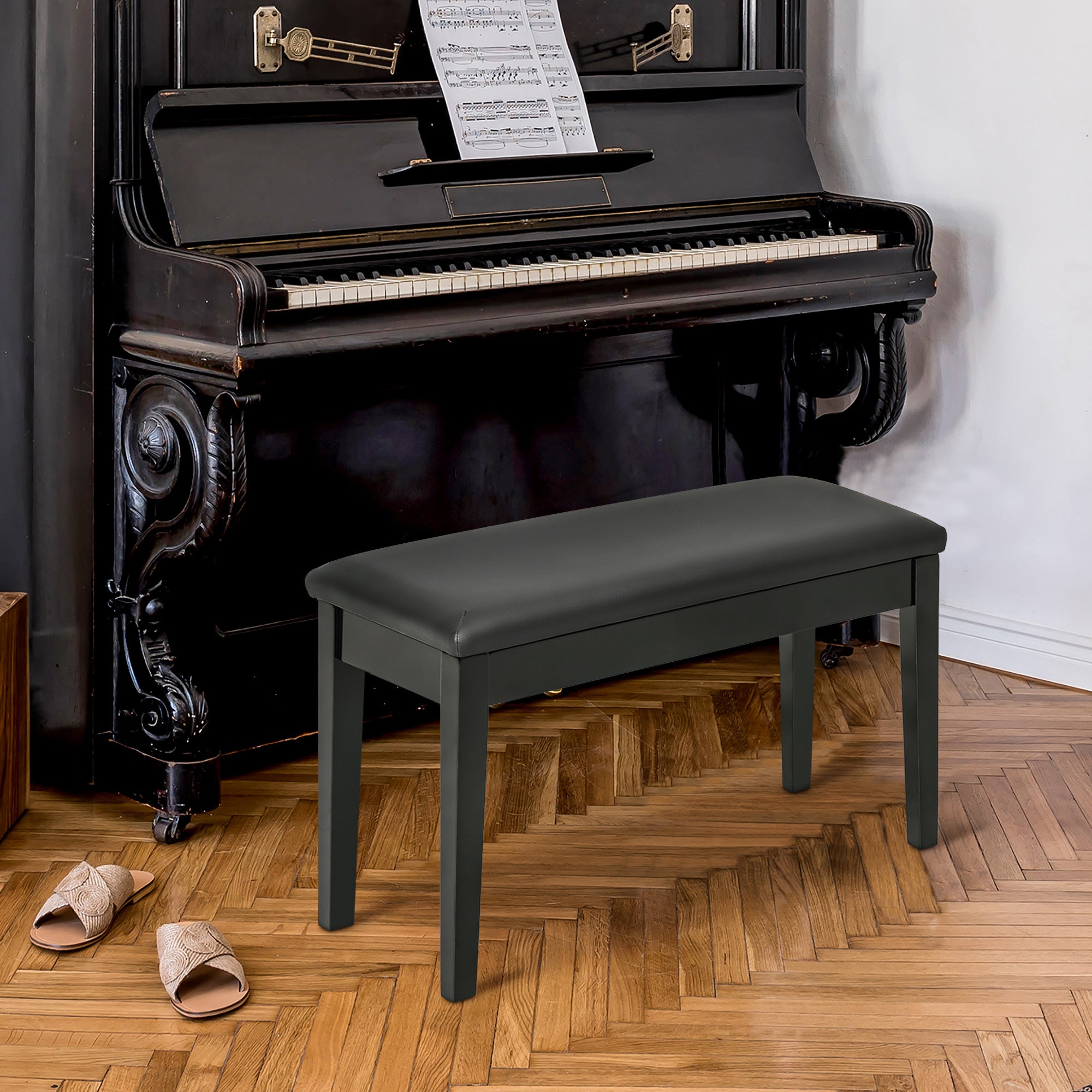 Classic Piano Bench Stool, PU Leather Padded Keyboard Seat with Rubber Wood Legs and Music Storage Compartment, Smooth Seat, Black Piano Benches at Gallery Canada
