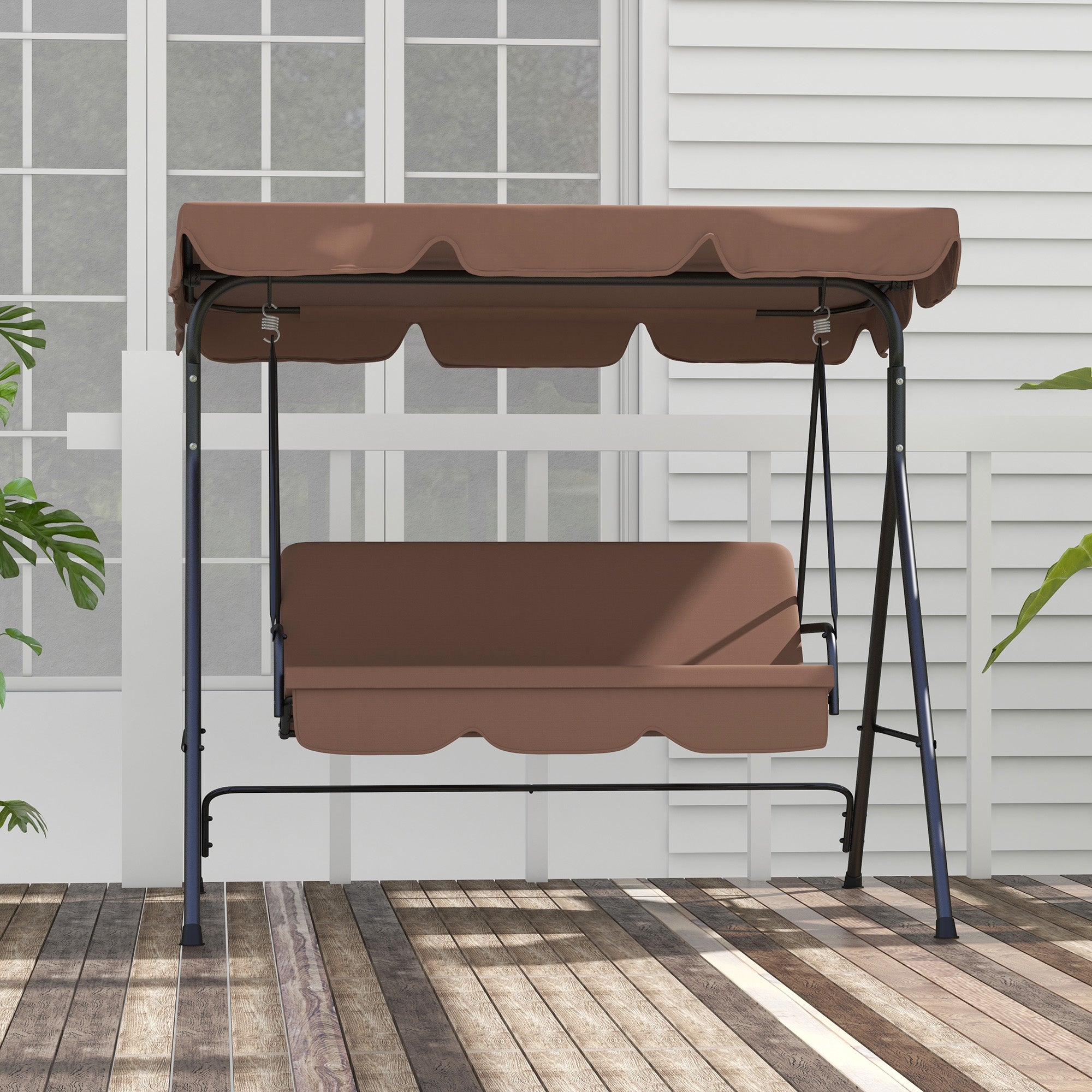 3-Seater Outdoor Porch Swing with Adjustable Canopy, Patio Swing Chair for Garden, Poolside, Backyard, Brown Patio Swings with Stand   at Gallery Canada