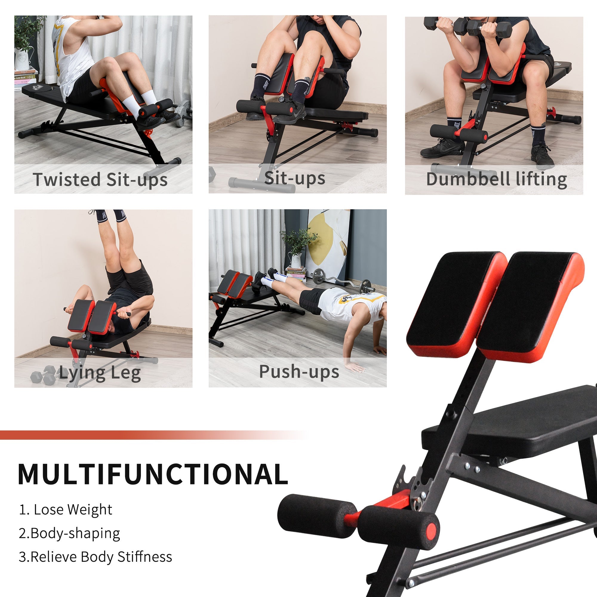 Adjustable Weight Bench Roman Chair Exercise Training Multi-Functional Hyper Extension Bench Dumbbell Bench Ab Sit up Decline Flat Black and Red Weight Benches   at Gallery Canada