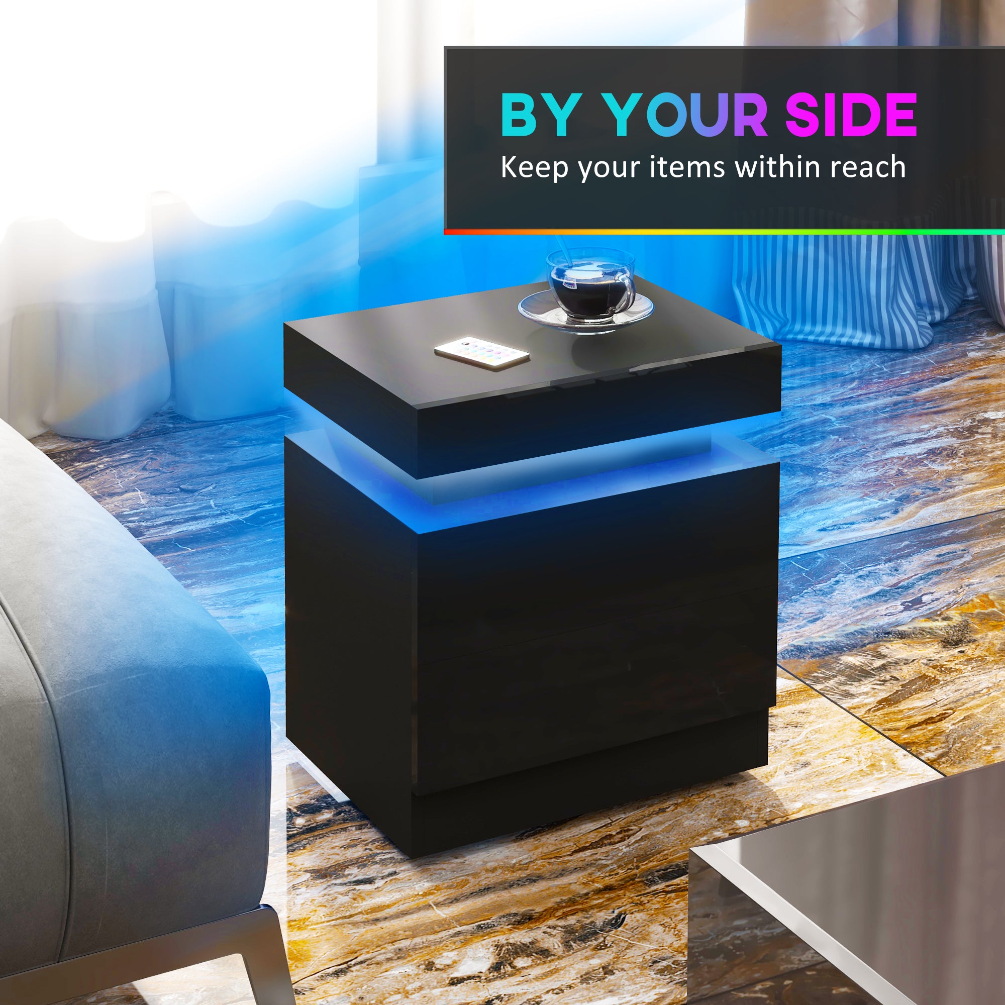 High Gloss Nightstand, Bedside Table with LED Lights and 2 Drawers for Bedroom, Living Room, Black Bedside Tables   at Gallery Canada