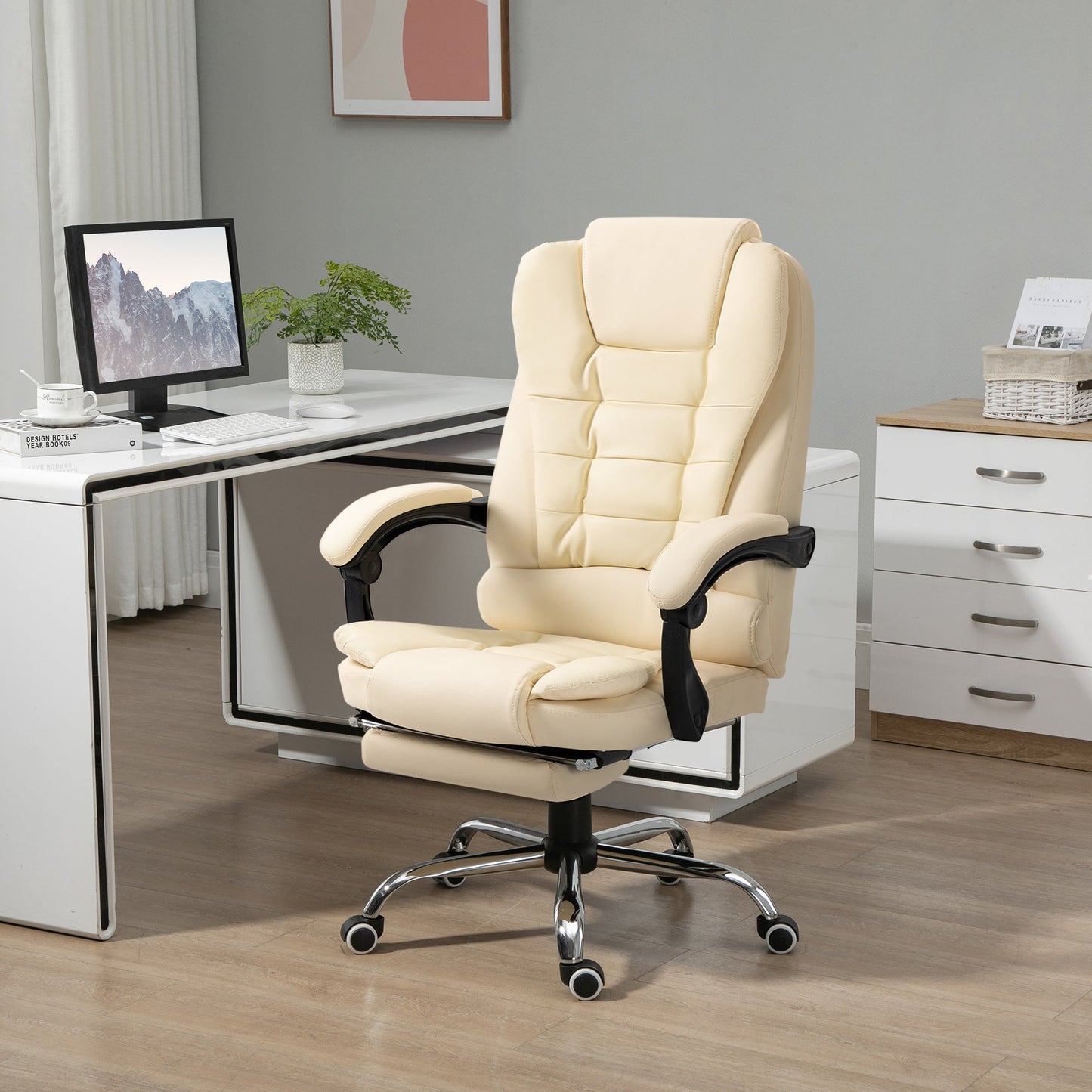 High Back Office Chair PU Leather Executive Office Chair with Retractable Footrest Padded Armrest Cream White Executive & Manager Chairs   at Gallery Canada