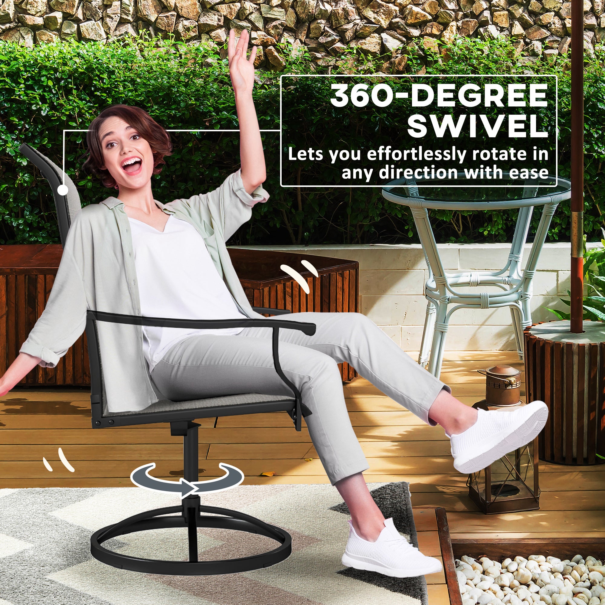 Outdoor Swivel Dining Chairs Set of 2, High Back Swivel Chairs with All Weather Mesh for Deck, Backyard, Poolside, Grey Patio Chairs at Gallery Canada