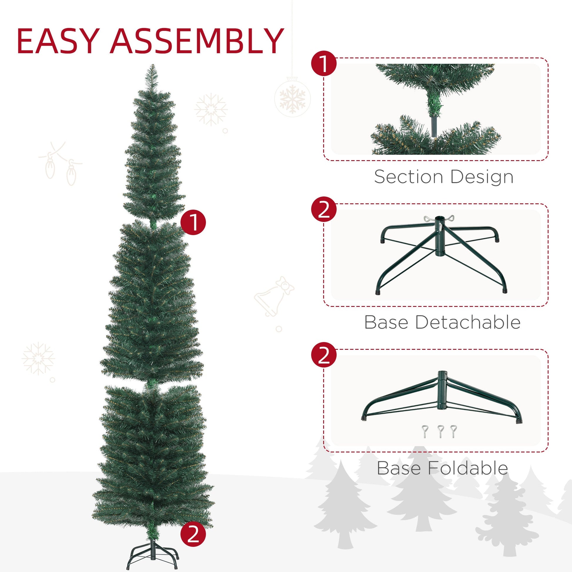 7FT Artificial Christmas Tree Xmas Pencil Tree Holiday Home Indoor Decoration with Foldable Black Stand for Party, Green Pencil Christmas Trees   at Gallery Canada